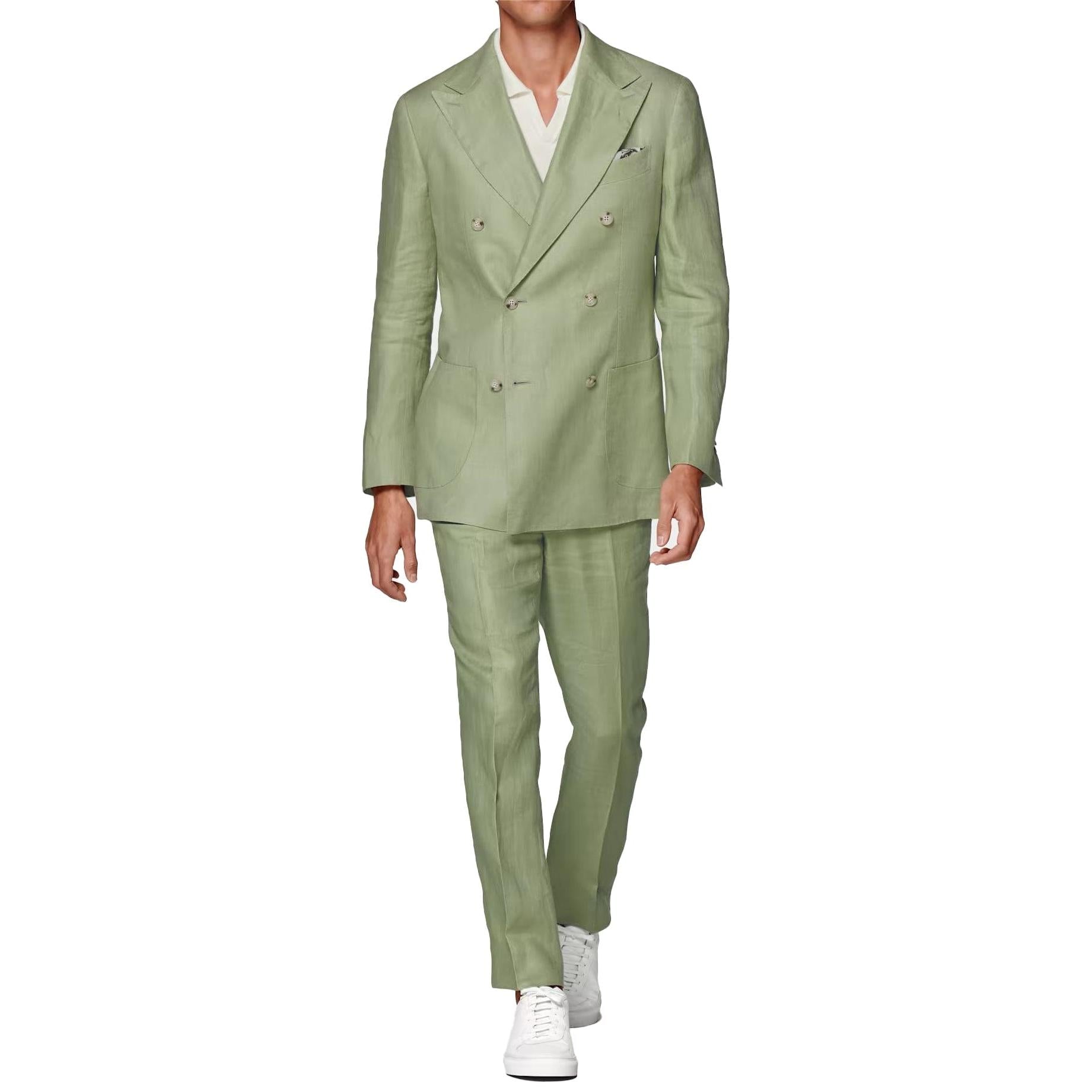 ceehuteey Linen Fashion Double Breasted Peak lapel for Men Solid Suit(Blazer+Pants)