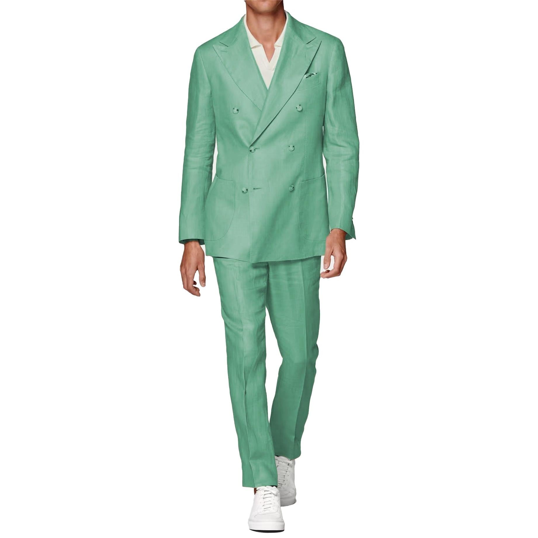 ceehuteey Linen Fashion Double Breasted Peak lapel for Men Solid Suit(Blazer+Pants)