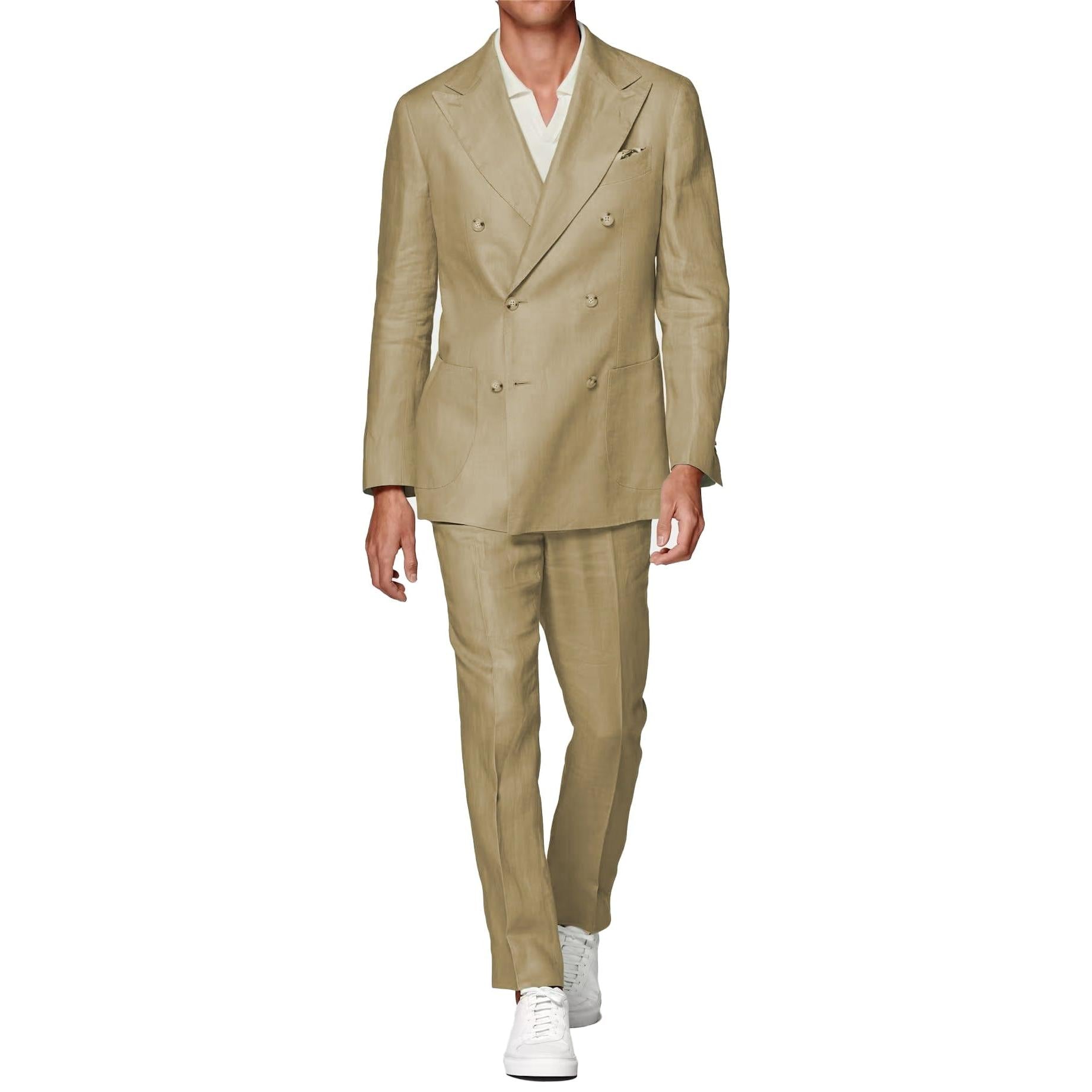 ceehuteey Linen Fashion Double Breasted Peak lapel for Men Solid Suit(Blazer+Pants)