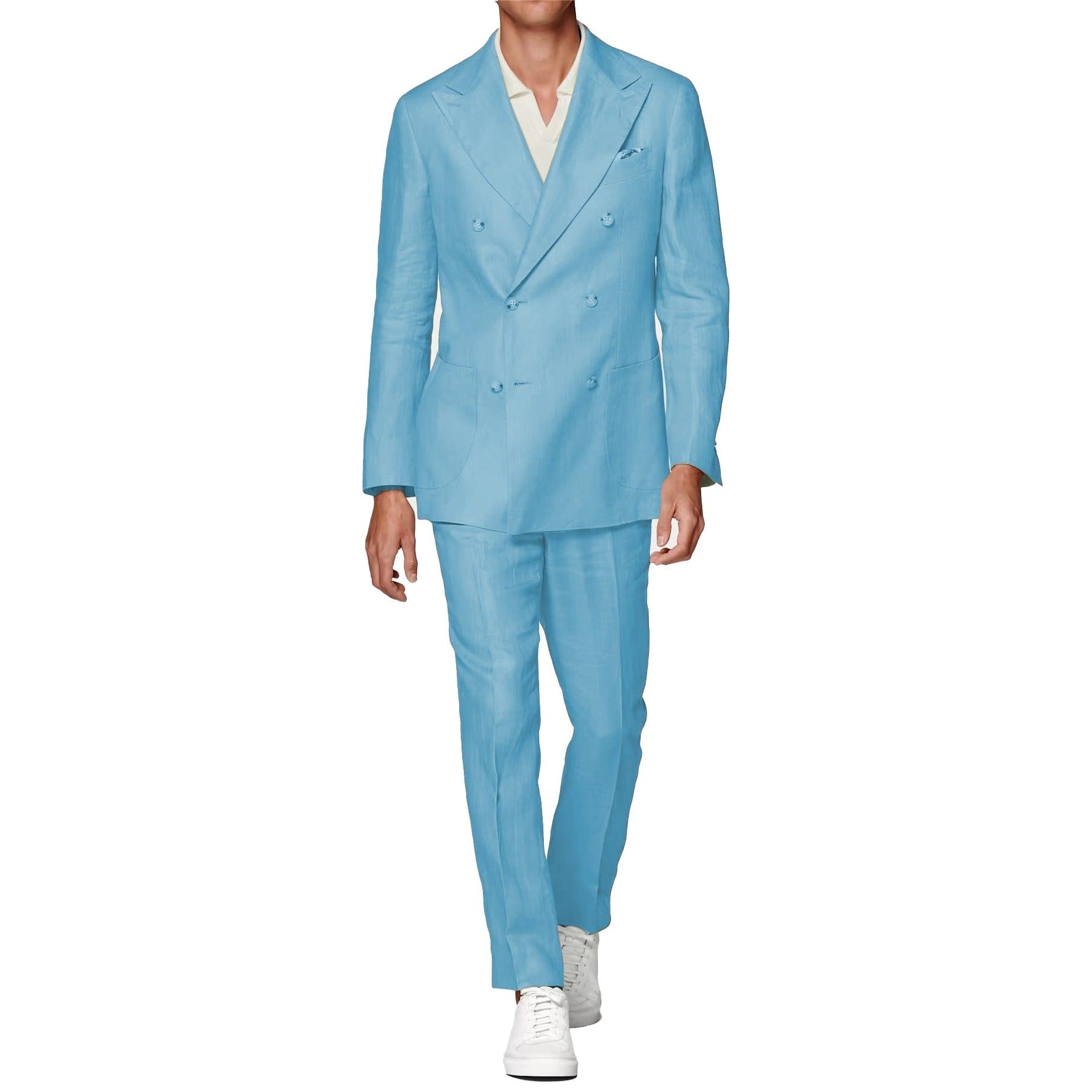 ceehuteey Linen Fashion Double Breasted Peak lapel for Men Solid Suit(Blazer+Pants)