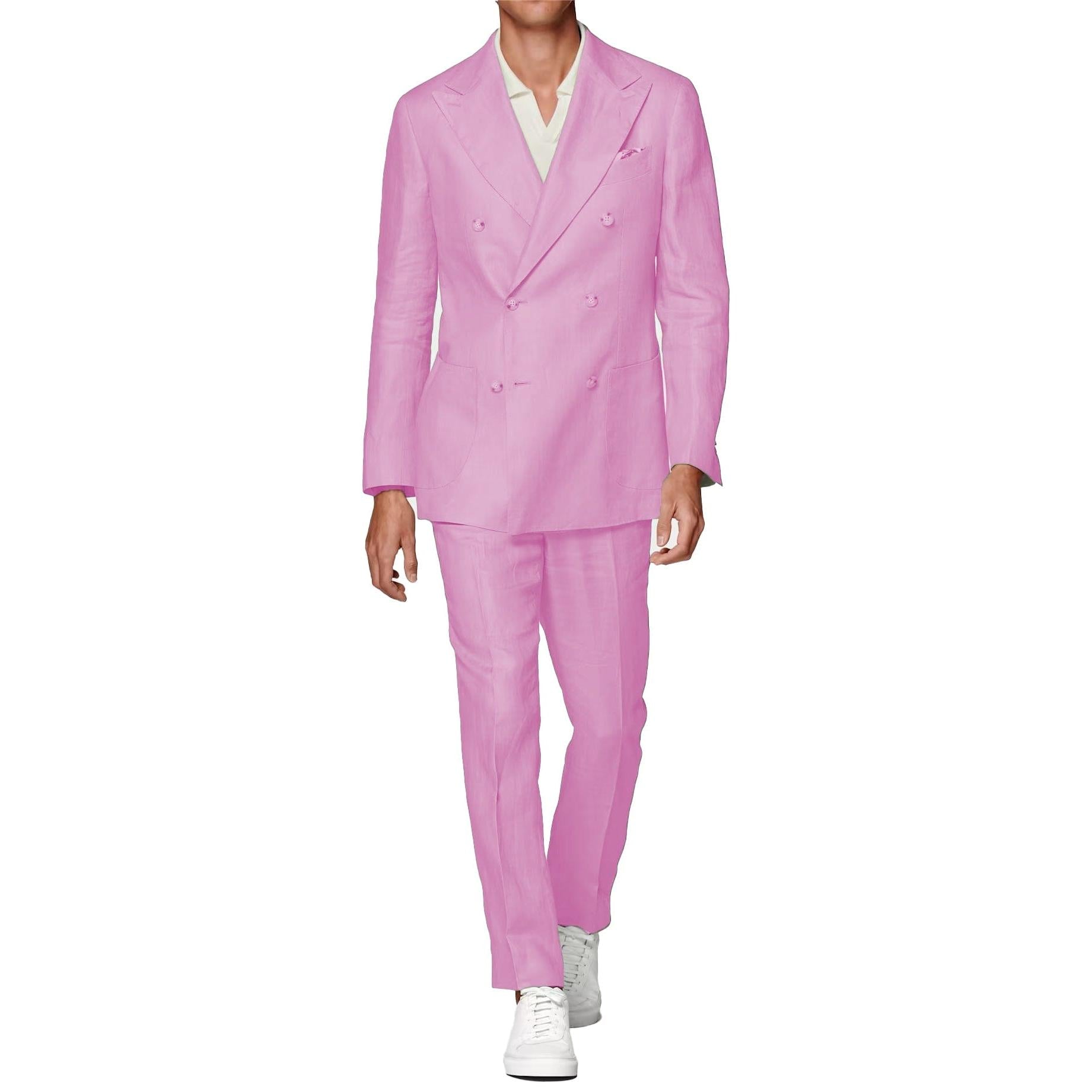 ceehuteey Linen Fashion Double Breasted Peak lapel for Men Solid Suit(Blazer+Pants)