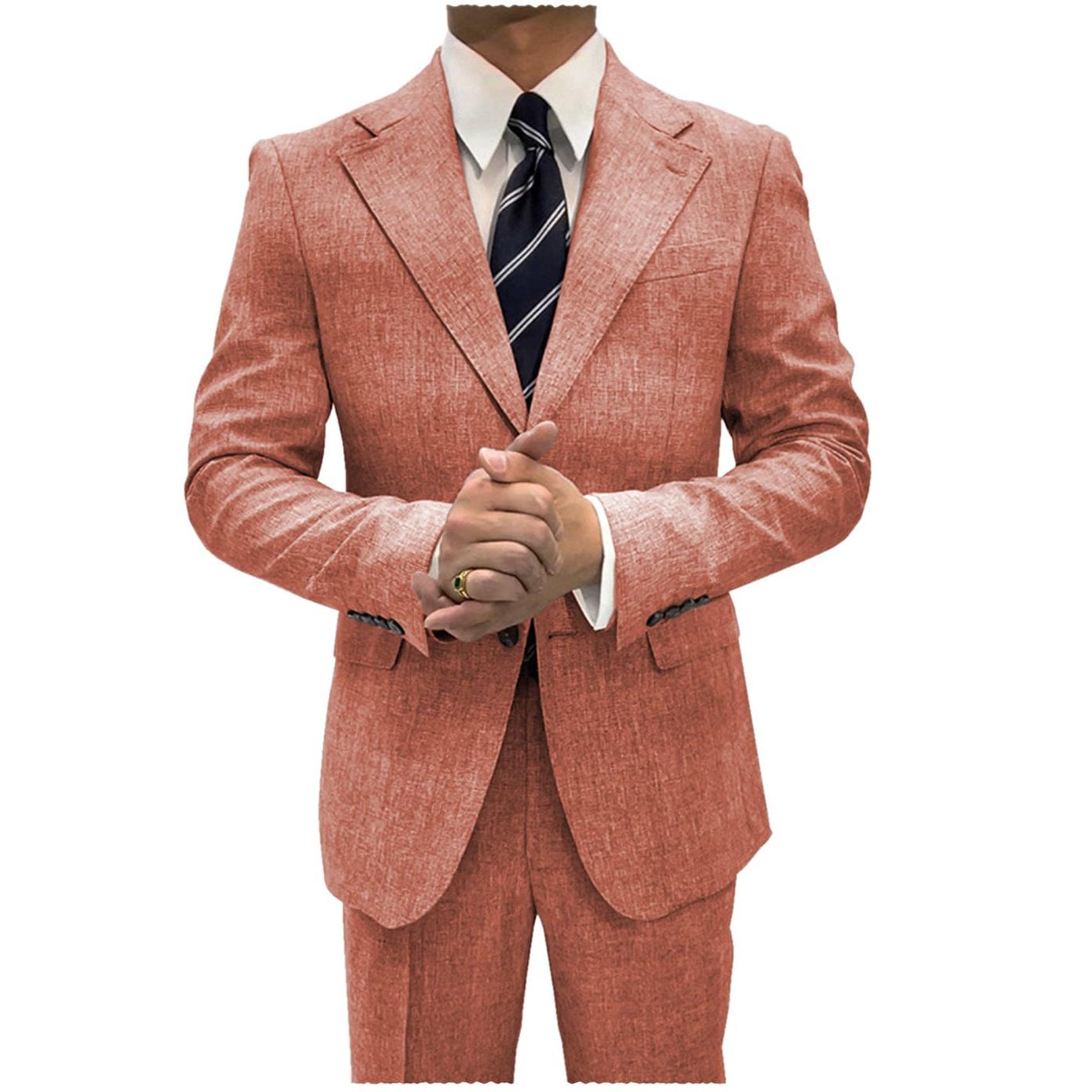 ceehuteey Linen Suits For Men Business  2 Piece Fit Casual Notch Lapel Summer Grooms (Blazer+Pants)