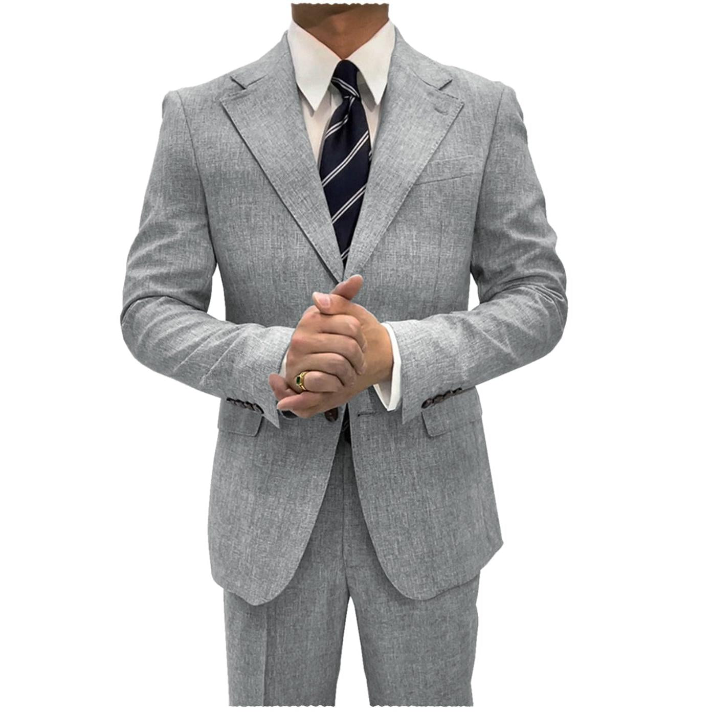 ceehuteey Linen Suits For Men Business  2 Piece Fit Casual Notch Lapel Summer Grooms (Blazer+Pants)