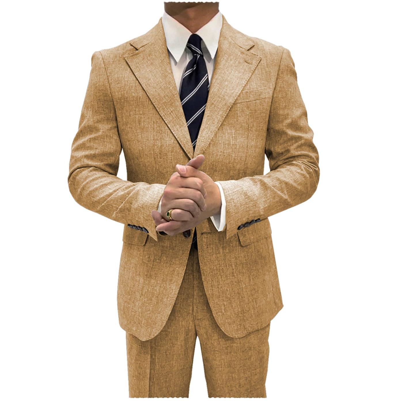 ceehuteey Linen Suits For Men Business 2 Piece Fit Casual Notch Lapel Summer Grooms (Blazer+Pants)