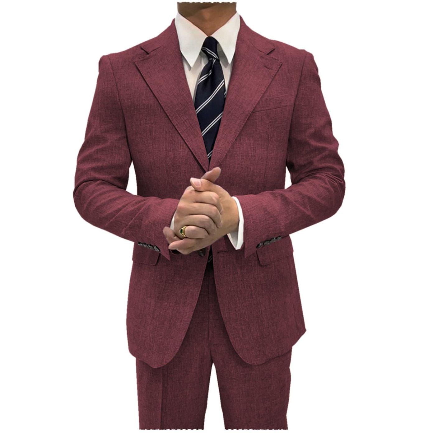 ceehuteey Linen Suits For Men Business 2 Piece Fit Casual Notch Lapel Summer Grooms (Blazer+Pants)