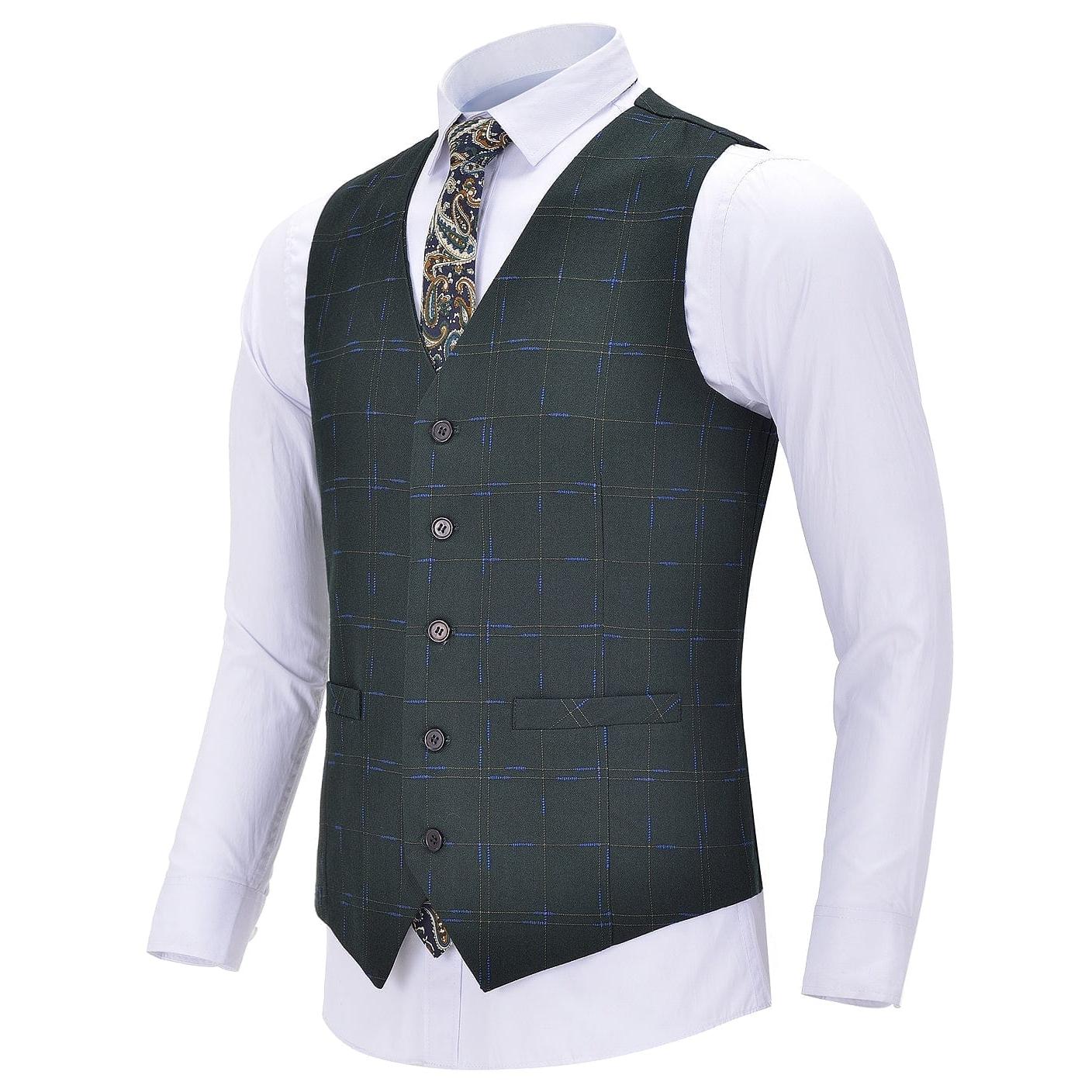 ceehuteey Men Formal V Neck Vest 5 Buttons Plaid Waistcoat