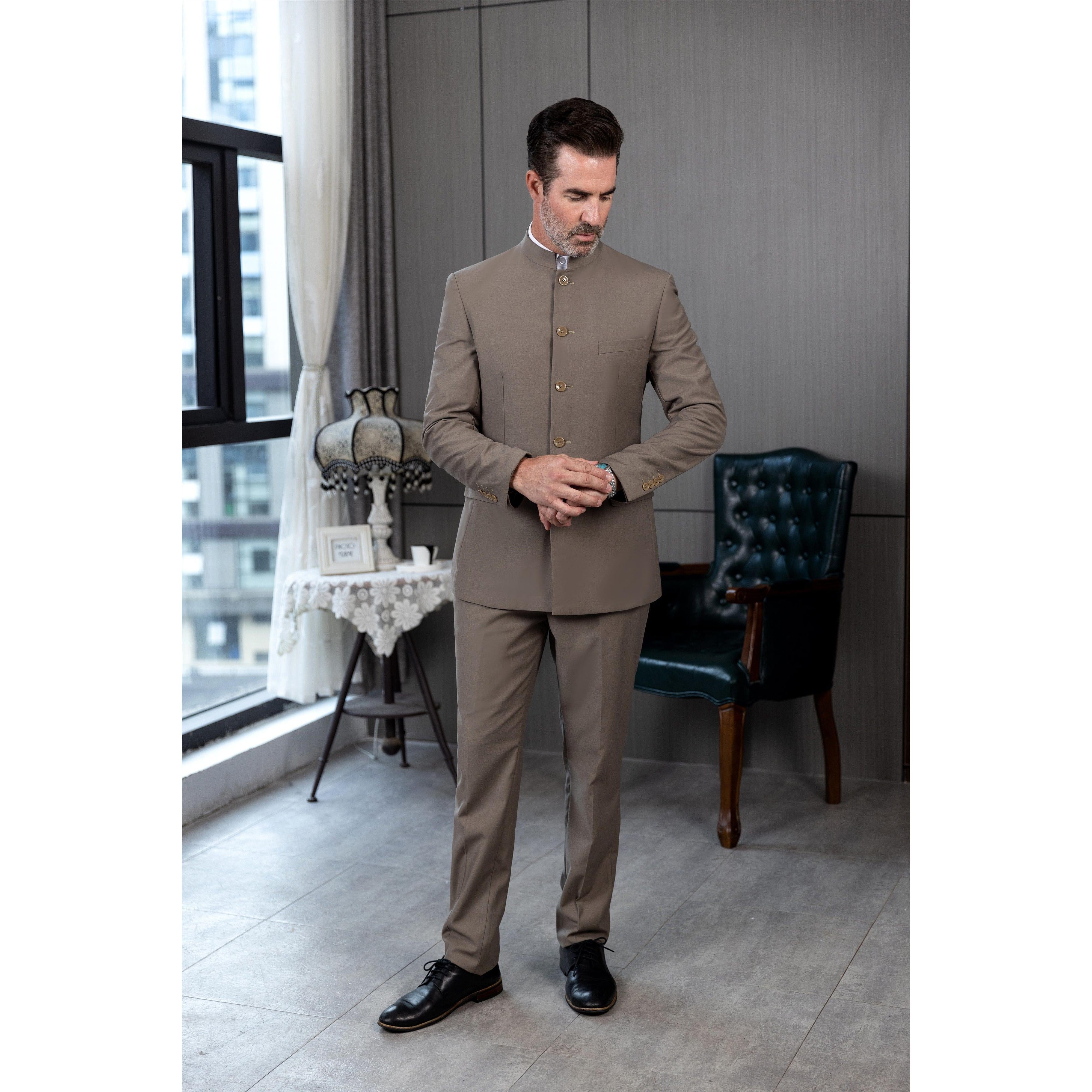 ceehuteey Men's 2 Piece Stand-up Collar With Metal Clasp Classic Fit vintage Suit