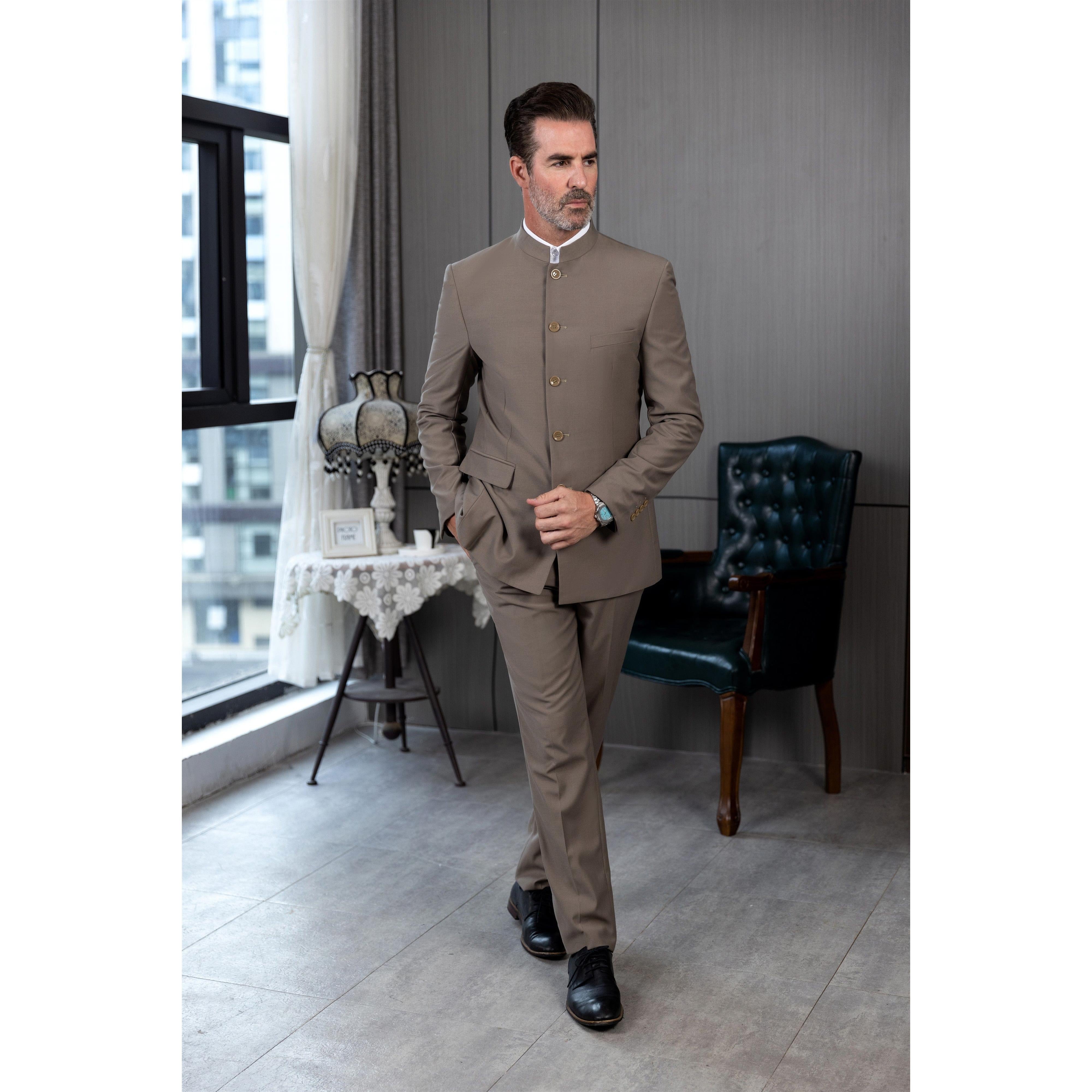 ceehuteey Men's 2 Piece Stand-up Collar With Metal Clasp Classic Fit vintage Suit