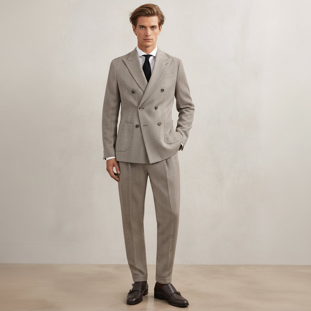 ceehuteey Men's 2 Pieces Brown Gentleman Double Breasted Herringbone Notch Lapel Mens Suit (Blazer+Pants)