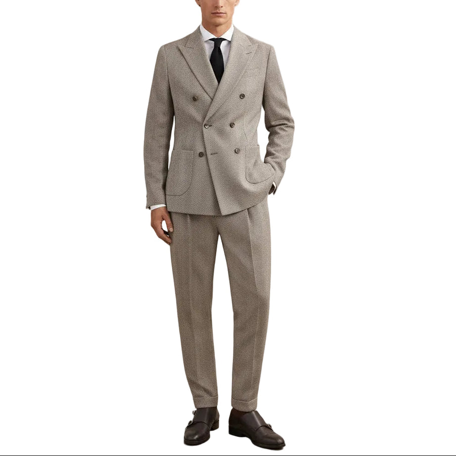 ceehuteey Men's 2 Pieces Brown Gentleman Double Breasted Herringbone Notch Lapel Mens Suit (Blazer+Pants)