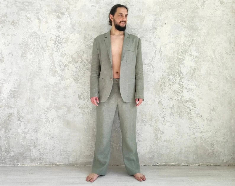 ceehuteey Men's 2 Pieces Casual  Linen Notch Lapel Loose Cool Suit (Blazer+Pants)