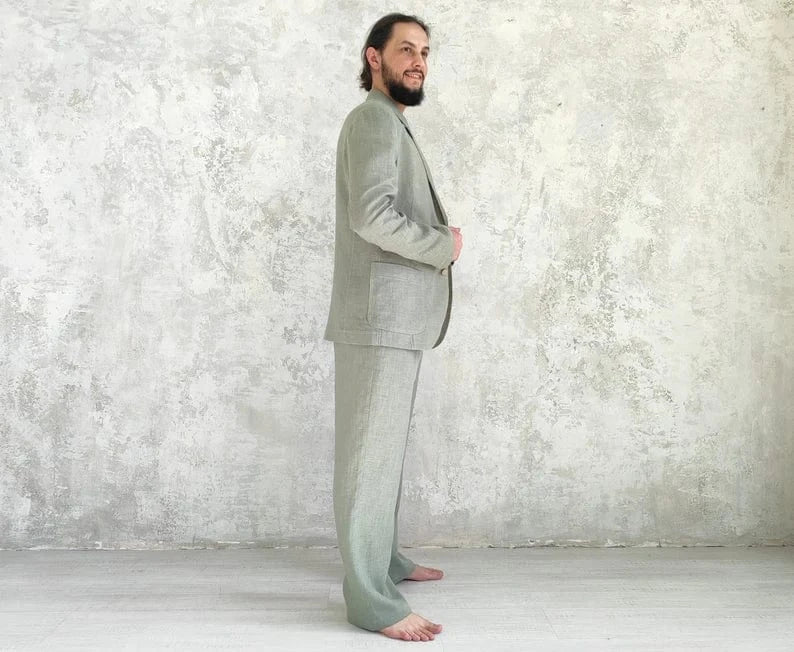 ceehuteey Men's 2 Pieces Casual  Linen Notch Lapel Loose Cool Suit (Blazer+Pants)