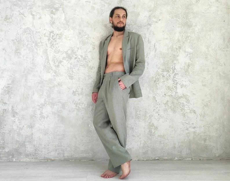 ceehuteey Men's 2 Pieces Casual  Linen Notch Lapel Loose Cool Suit (Blazer+Pants)