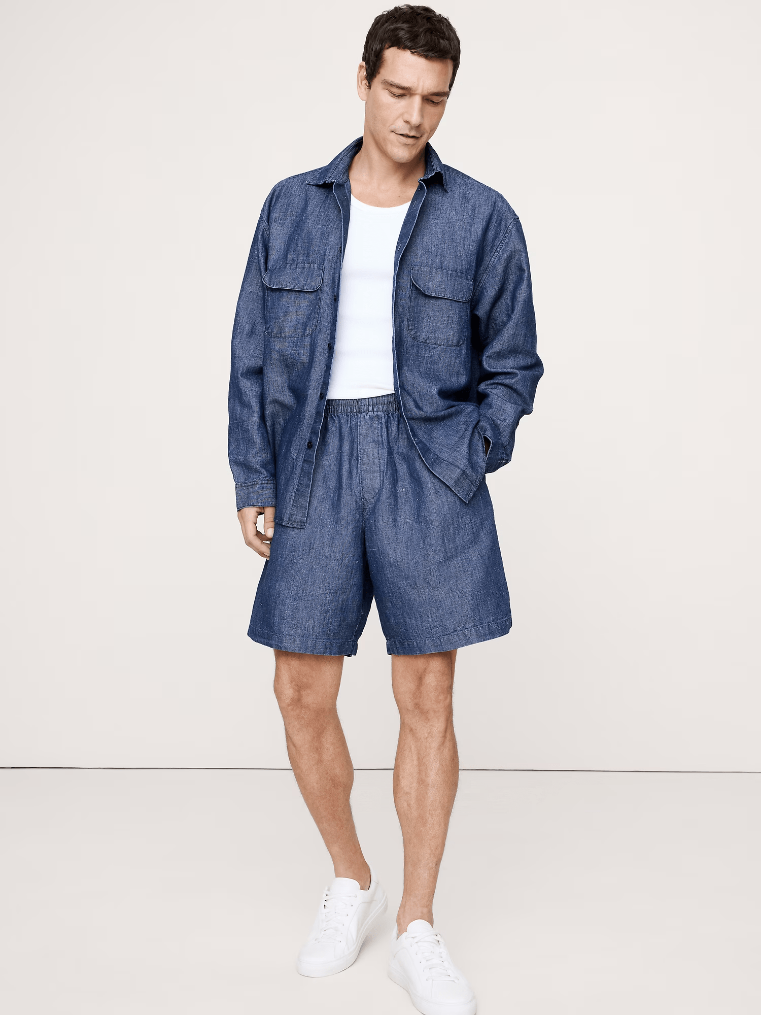 ceehuteey Men's 2 Pieces Cotton-Hemp Chambray stylish Pull-On Short Notch Lapel Summer Shorts Set Suit (Blazer+Pants)