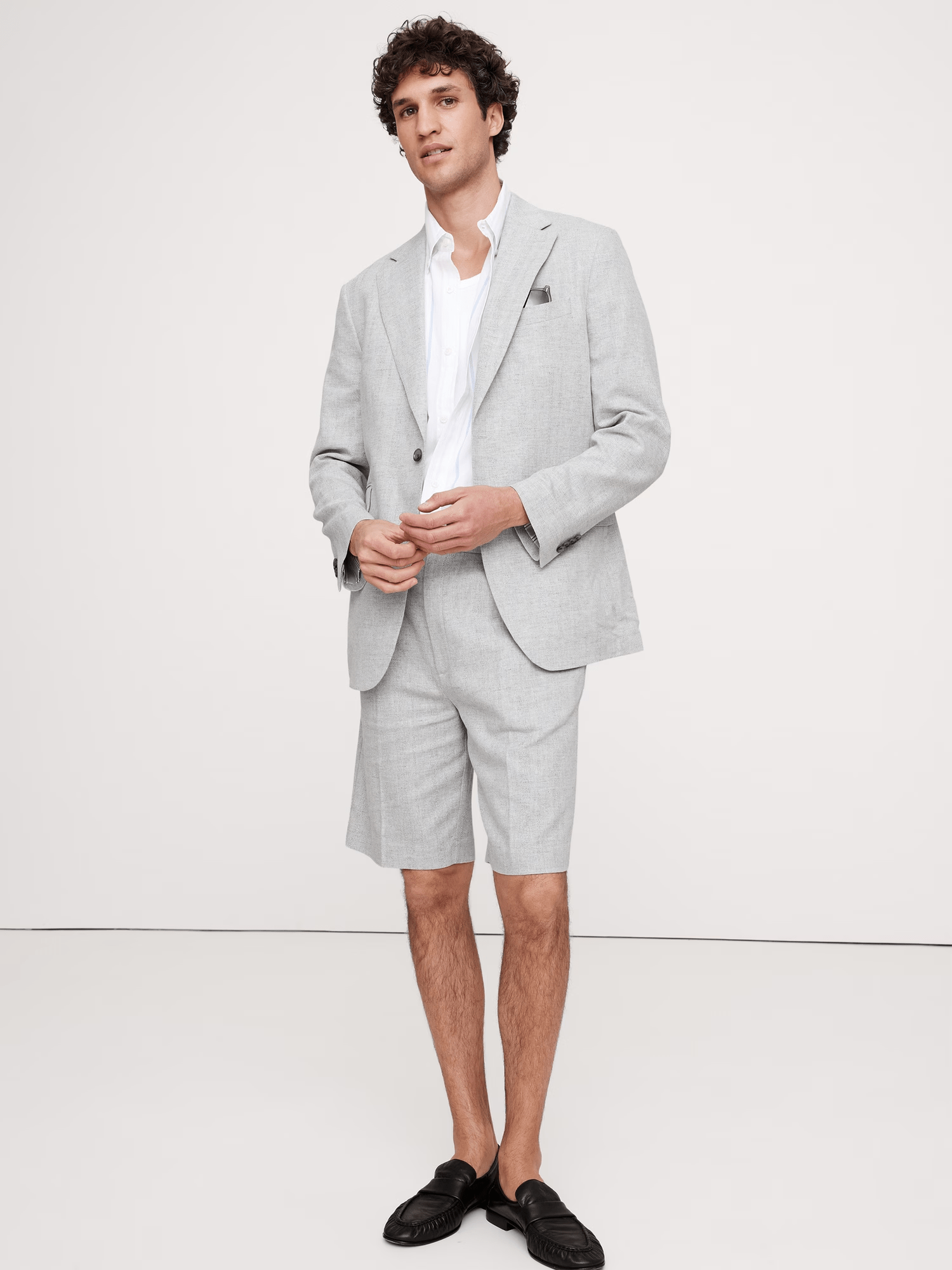 ceehuteey Men's 2 Pieces Cotton-Linen stylish Light Grey Notch Lapel Summer Leisure Cotton Shorts Set Suit Jacket (Blazer+Pants)