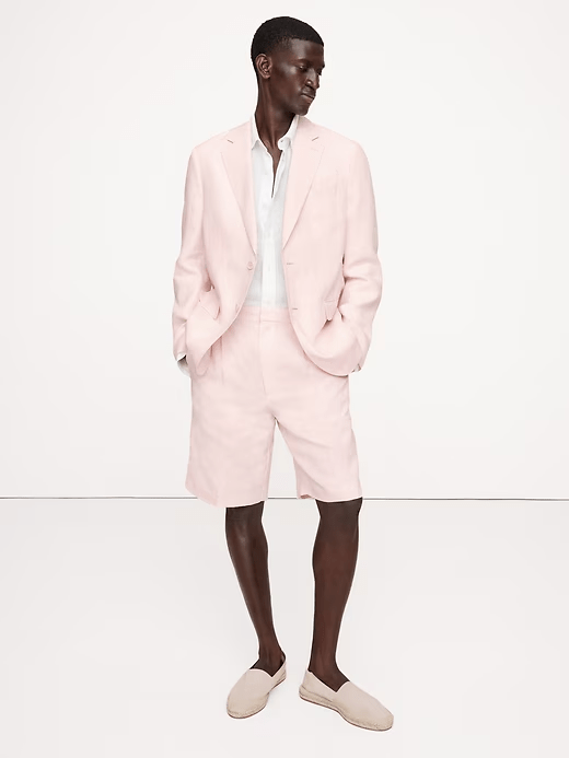 ceehuteey Men's 2 Pieces Cotton-Linen stylish Pink Notch Lapel Summer Leisure Cotton Shorts Set Suit Jacket (Blazer+Pants)