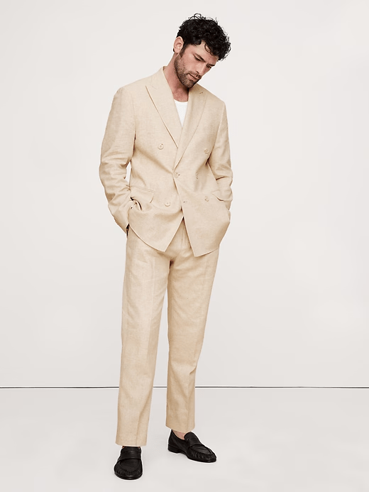 ceehuteey Men's 2 Pieces Cotton-Linen Tencel stylish Beige Peak lapel Double Breasted Summer Leisure Suit Jacket (Blazer+Pants)