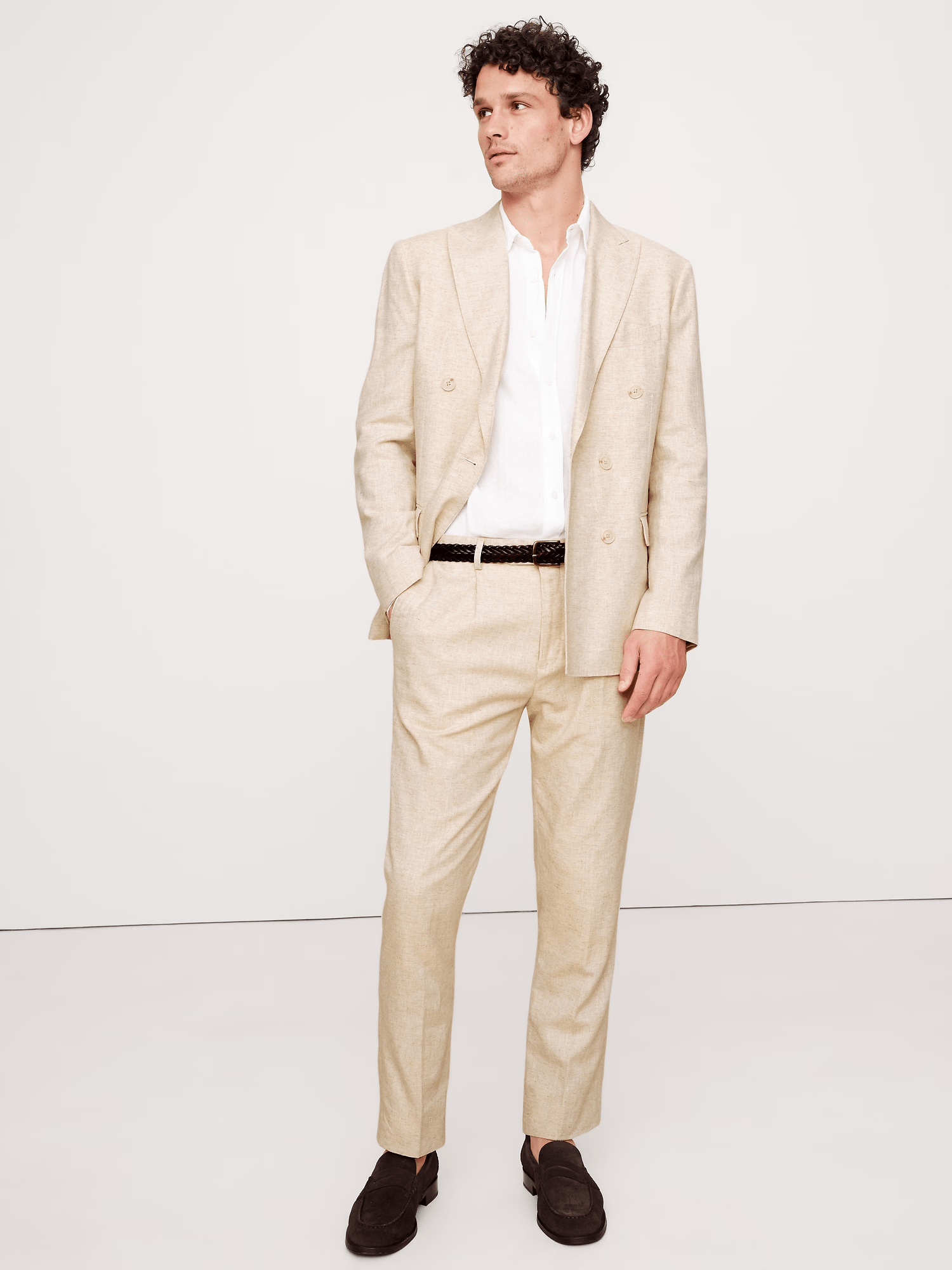 ceehuteey Men's 2 Pieces Cotton-Linen Tencel stylish Beige Peak lapel Double Breasted Summer Leisure Suit Jacket (Blazer+Pants)