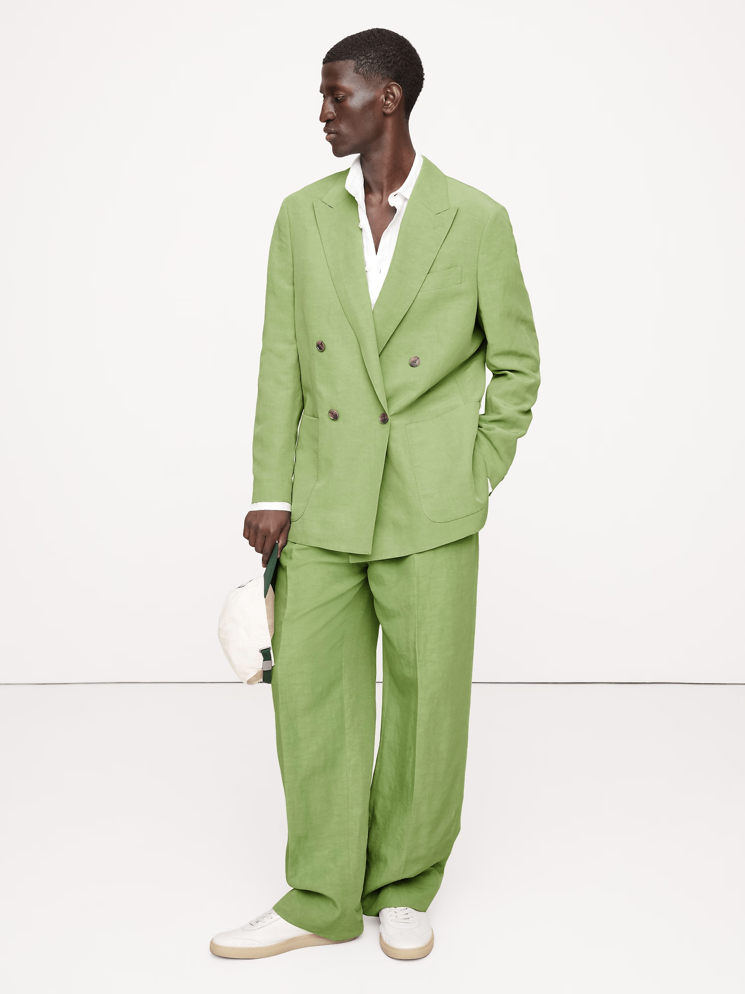 ceehuteey Men's 2 Pieces Cotton-Linen Tencel stylish Green Peak lapel Double Breasted Summer Leisure Suit Jacket (Blazer+Pants)