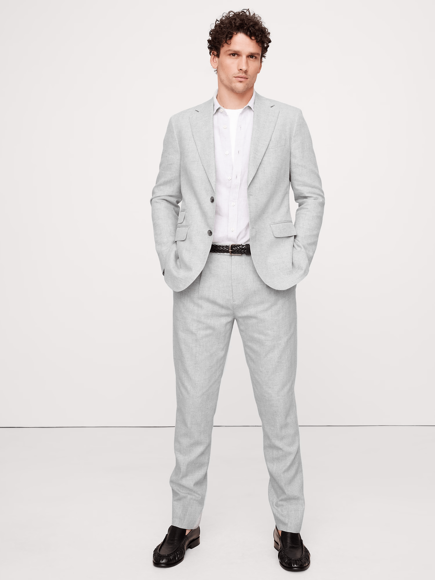 ceehuteey Men's 2 Pieces Cotton-Linen Tencel stylish Light Grey Handsome Notch Lapel Summer Leisure Suit Jacket (Blazer+Pants)
