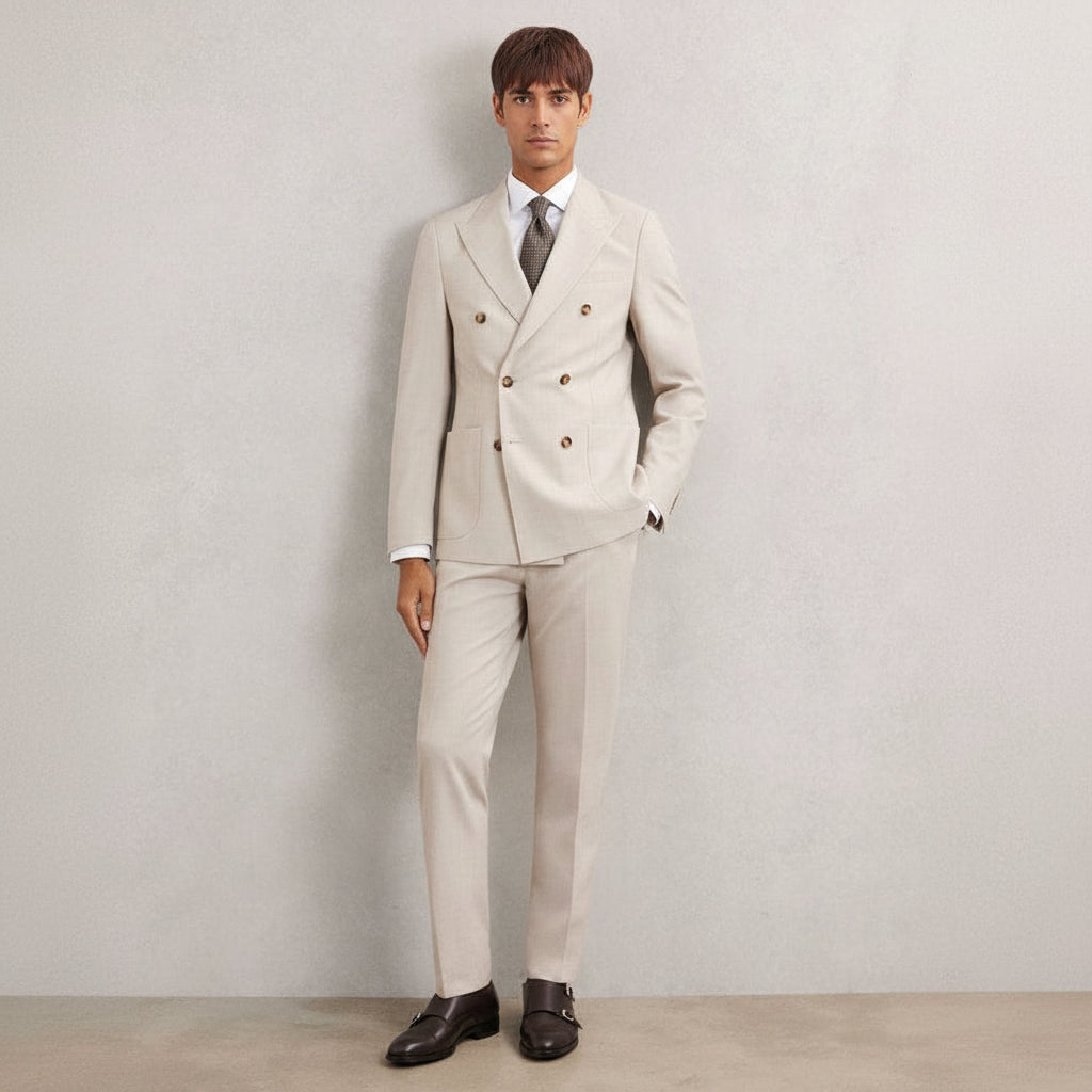 ceehuteey Men's 2 Pieces Double Breasted Beige Multiple occasions Peak lapel Mens Suit (Blazer+Pants)