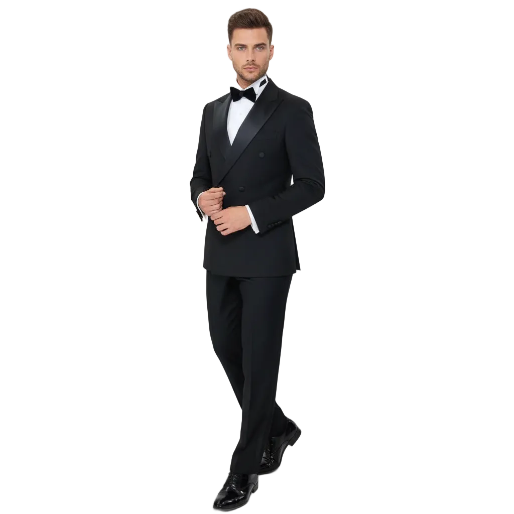 Ceehuteey Men's 2 Pieces Double Breasted tall handsome suit formal evening dress banquet suit set (Blazer+Pants) Black / 46R