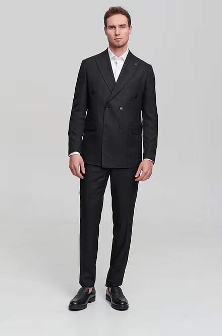 ceehuteey Men's 2 Pieces Flat Tencel stylish Black Peak lapel Double Breasted Suit (Blazer+Pants)