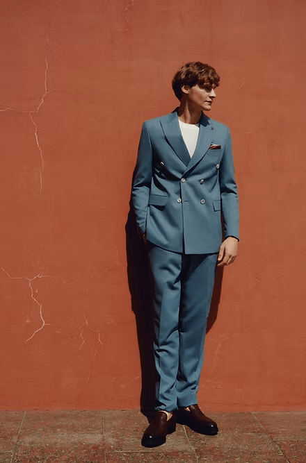 ceehuteey Men's 2 Pieces Flat Tencel stylish Teal Peak lapel Double Breasted Suit (Blazer+Pants)