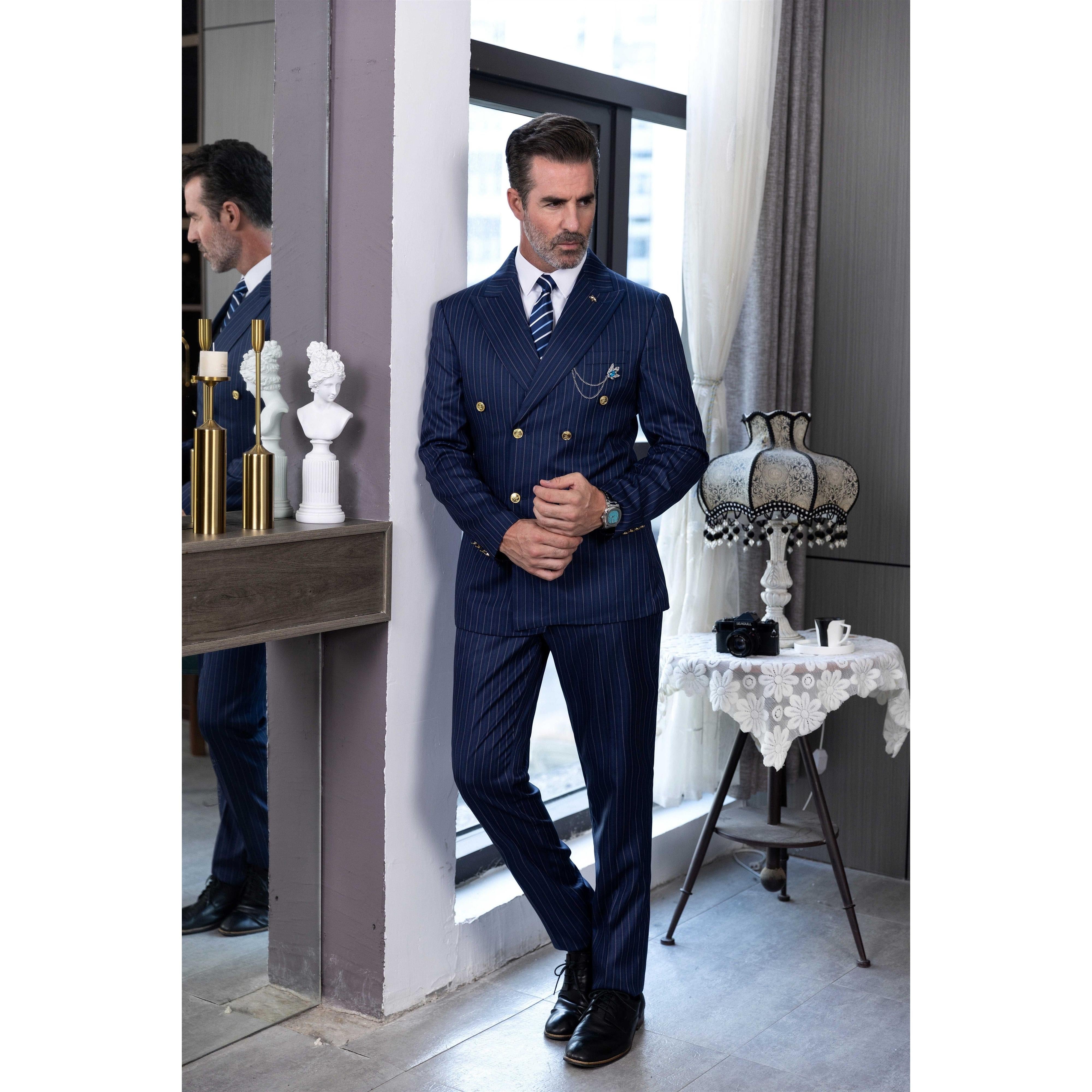 ceehuteey Men's 2 Pieces Formal Pinstripe Suit Peak Lapel Striped Tuxedos (Blazer+Pants)