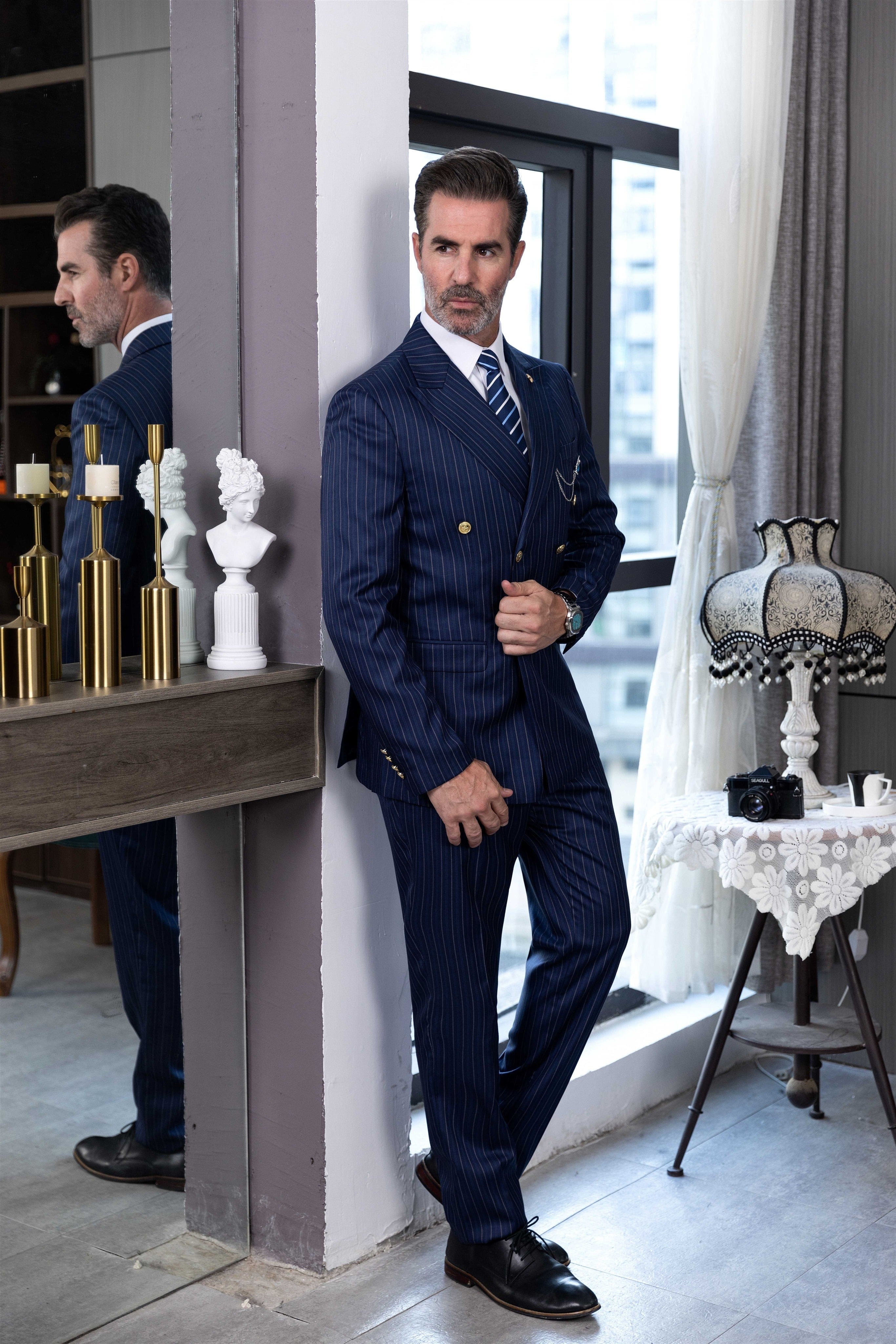 ceehuteey Men's 2 Pieces Formal Pinstripe Suit Peak Lapel Striped Tuxedos (Blazer+Pants)