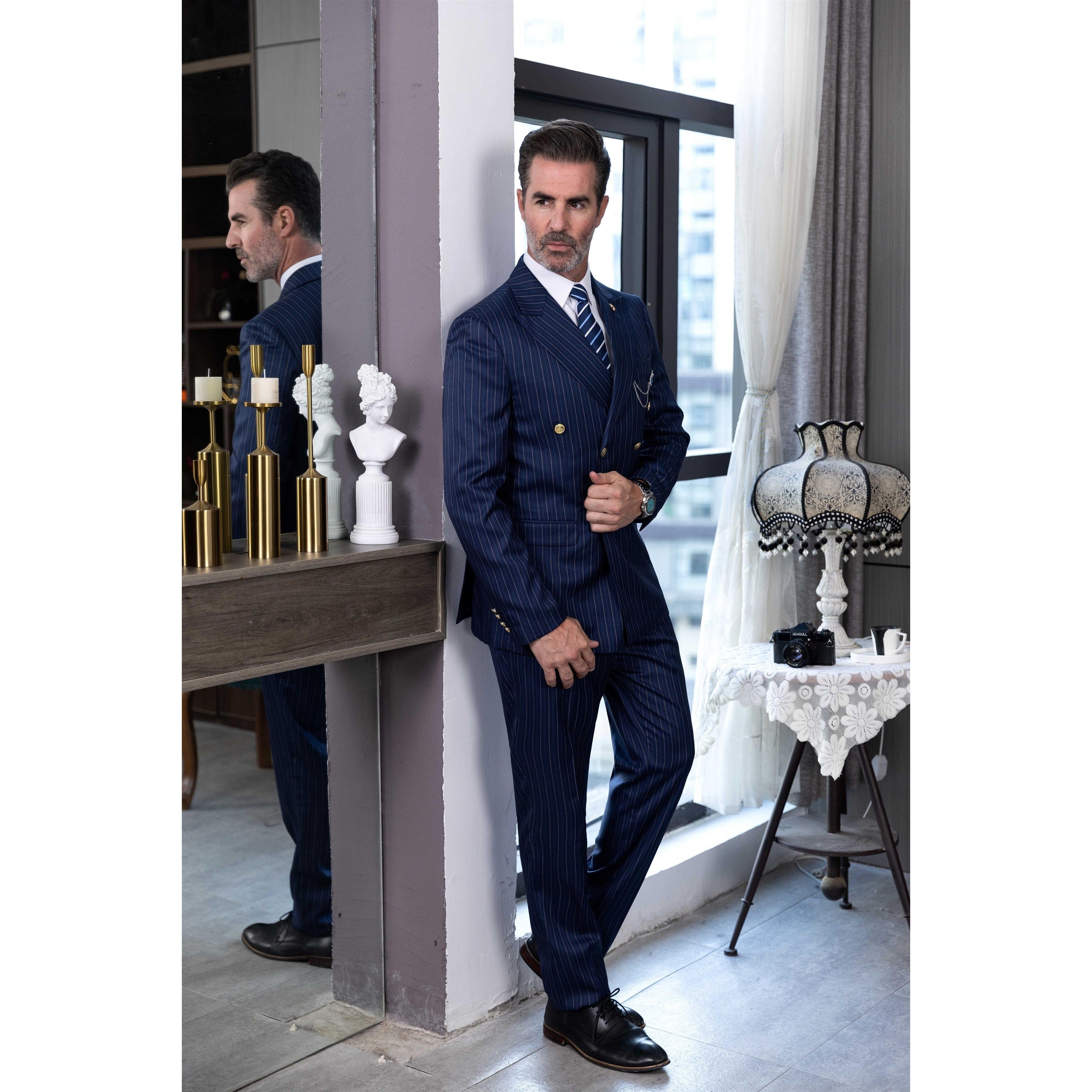 ceehuteey Men's 2 Pieces Formal Pinstripe Suit Peak Lapel Striped Tuxedos (Blazer+Pants)