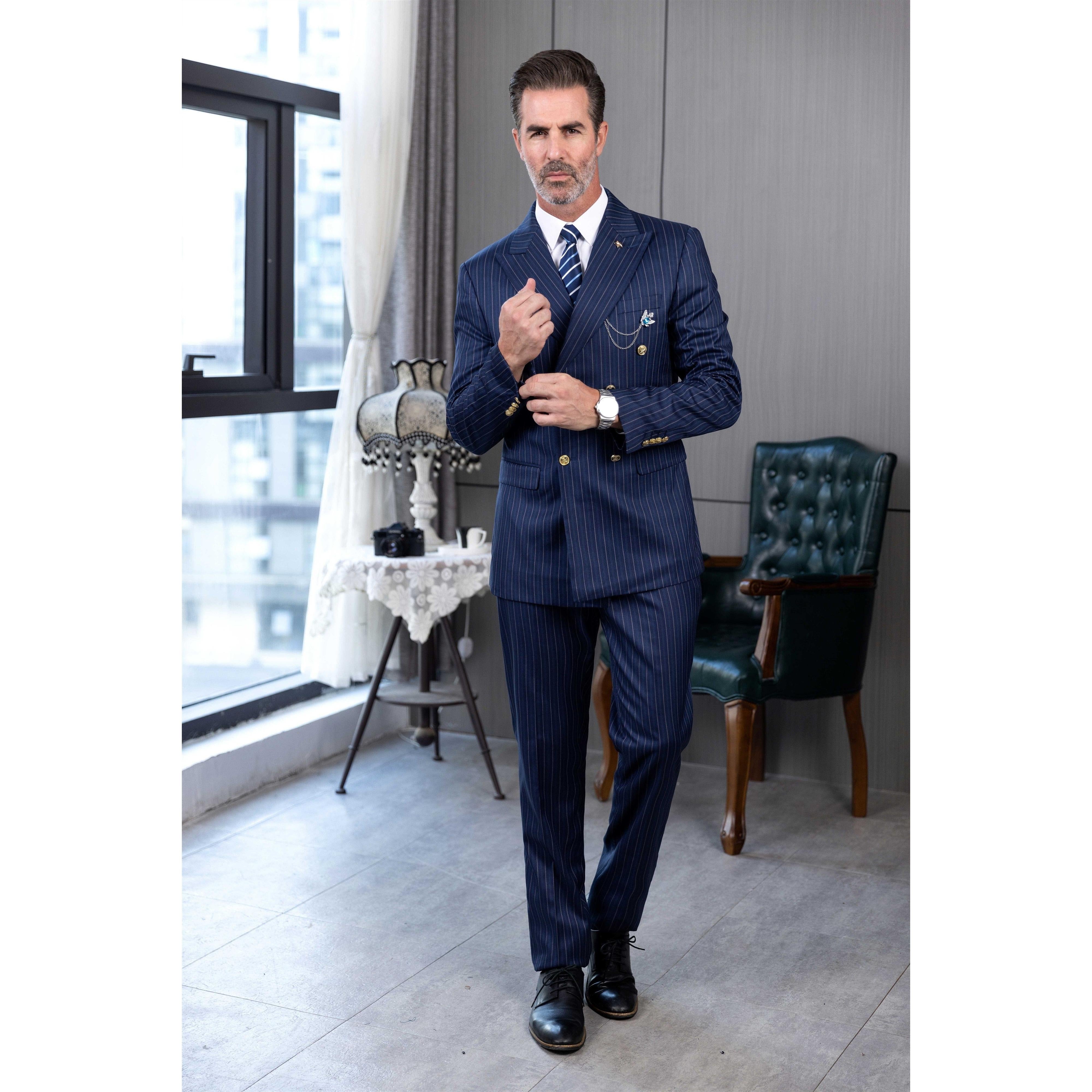 ceehuteey Men's 2 Pieces Formal Pinstripe Suit Peak Lapel Striped Tuxedos (Blazer+Pants)