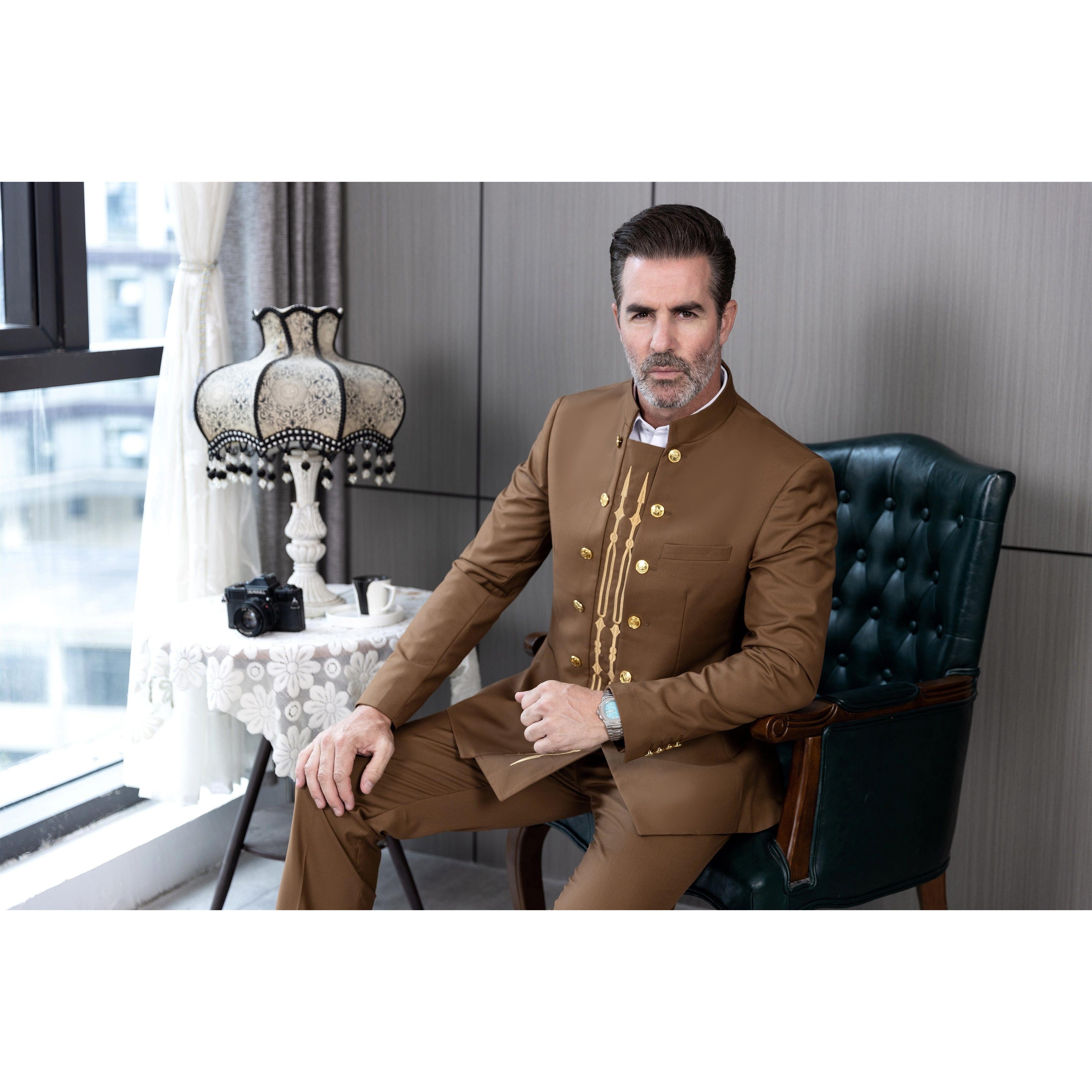 ceehuteey Men's 2 Pieces Stand Collar Chinese Classic Design Regular Fit Suits(Blazer+Pants)