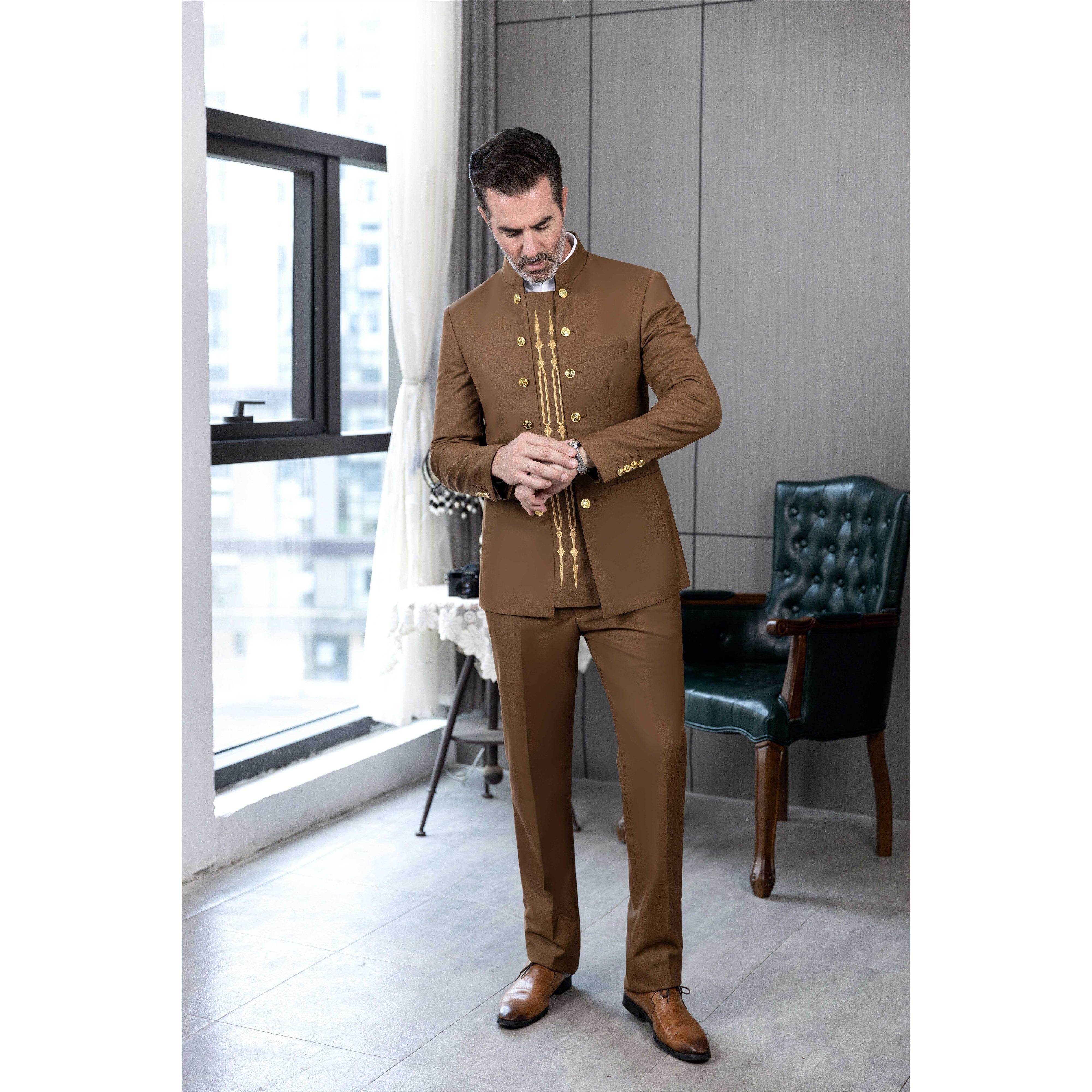 ceehuteey Men's 2 Pieces Stand Collar Chinese Classic Design Regular Fit Suits(Blazer+Pants)