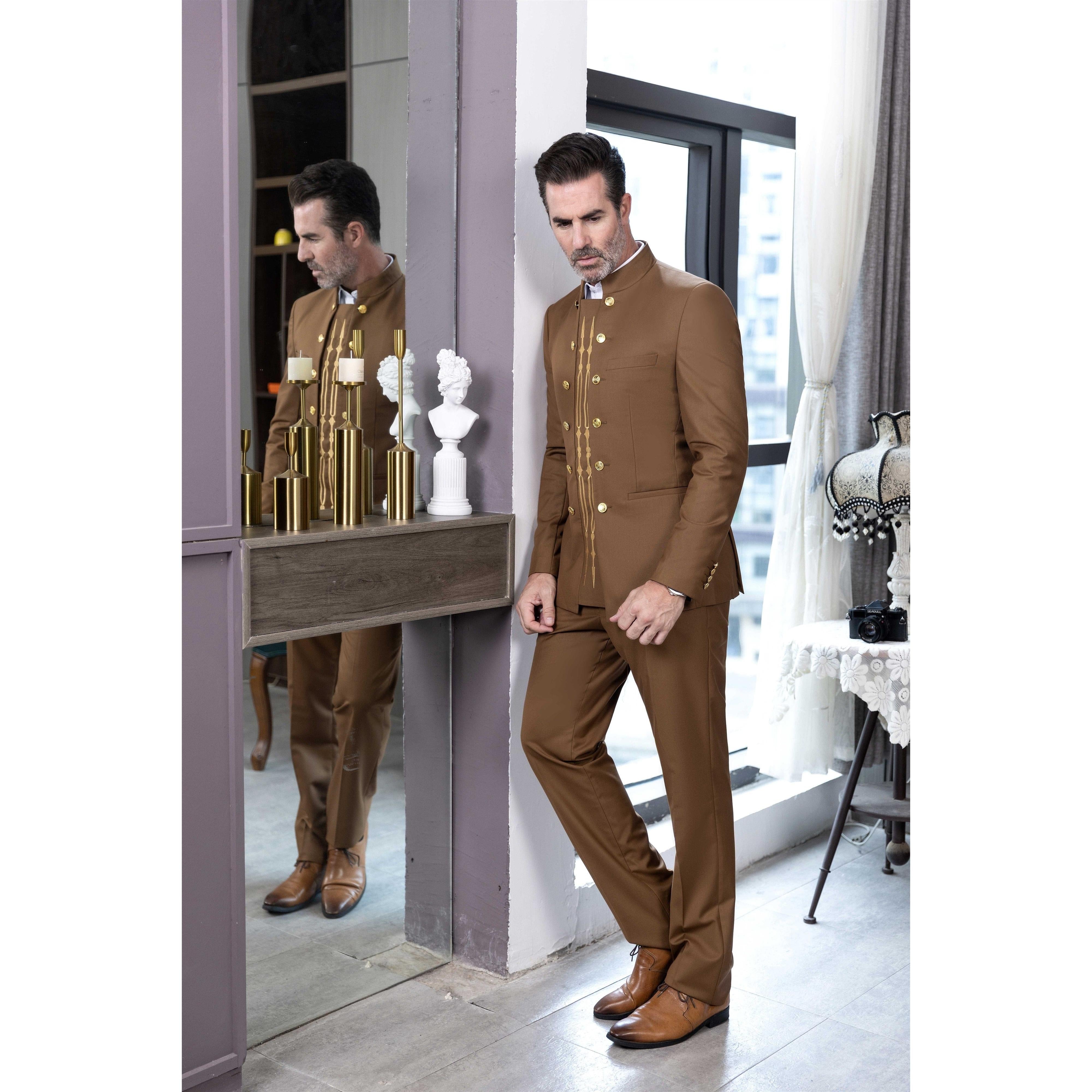 ceehuteey Men's 2 Pieces Stand Collar Chinese Classic Design Regular Fit Suits(Blazer+Pants)