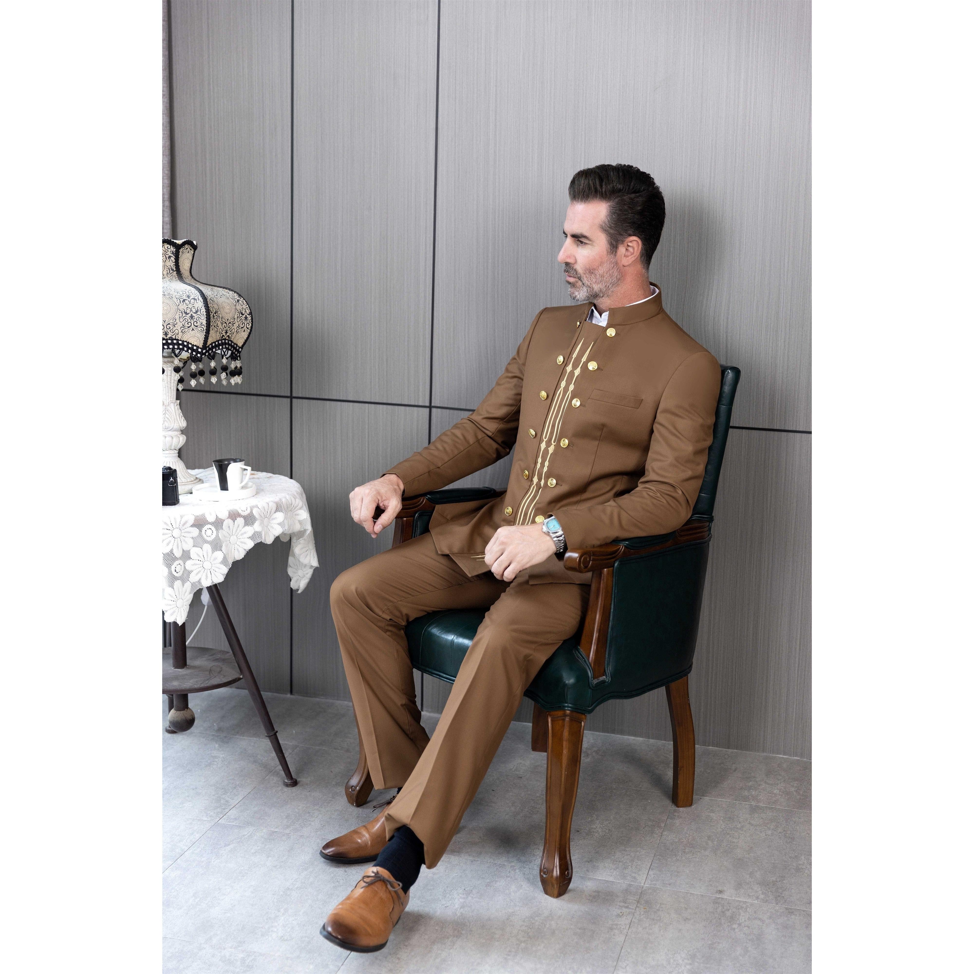 ceehuteey Men's 2 Pieces Stand Collar Chinese Classic Design Regular Fit Suits(Blazer+Pants)