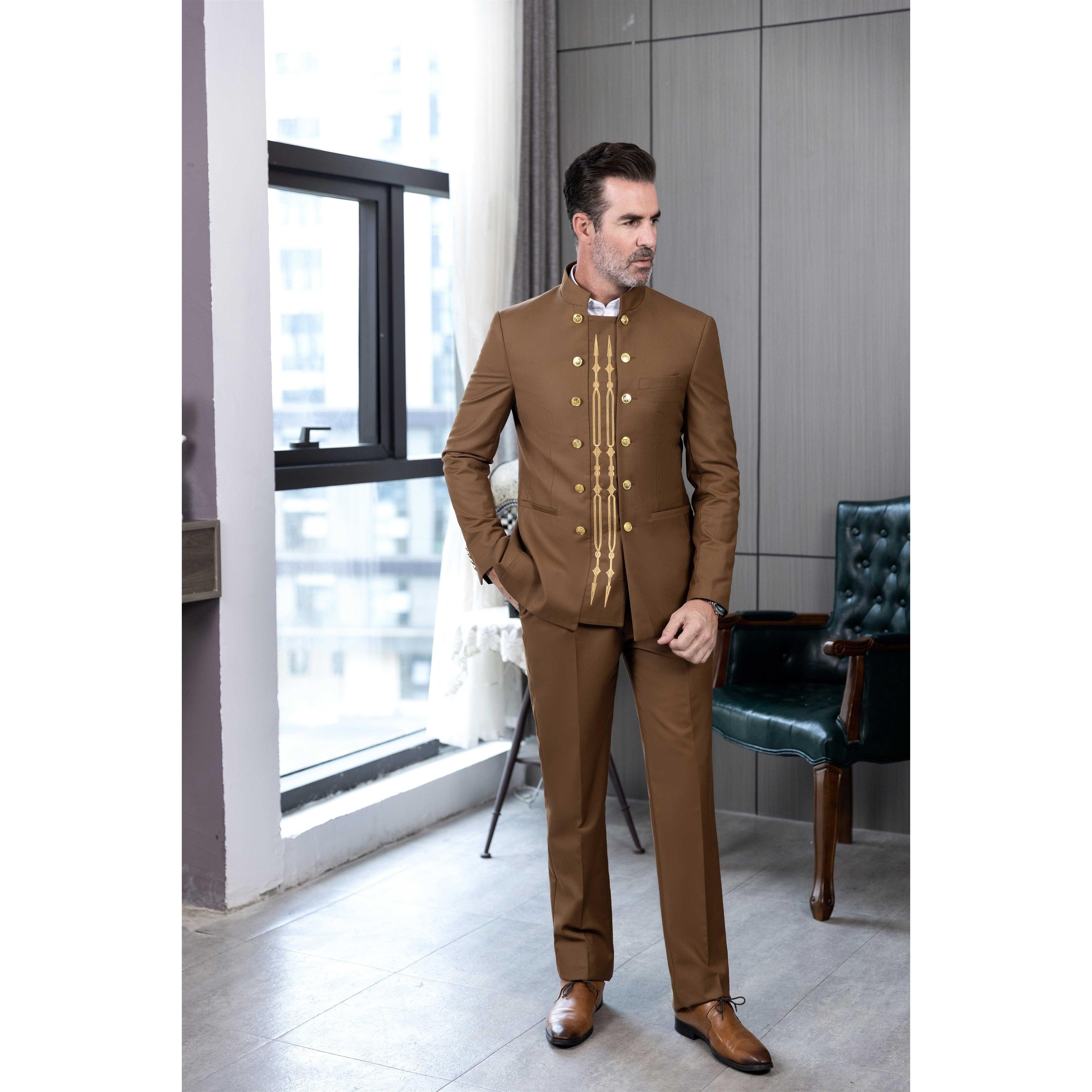 ceehuteey Men's 2 Pieces Stand Collar Chinese Classic Design Regular Fit Suits(Blazer+Pants)