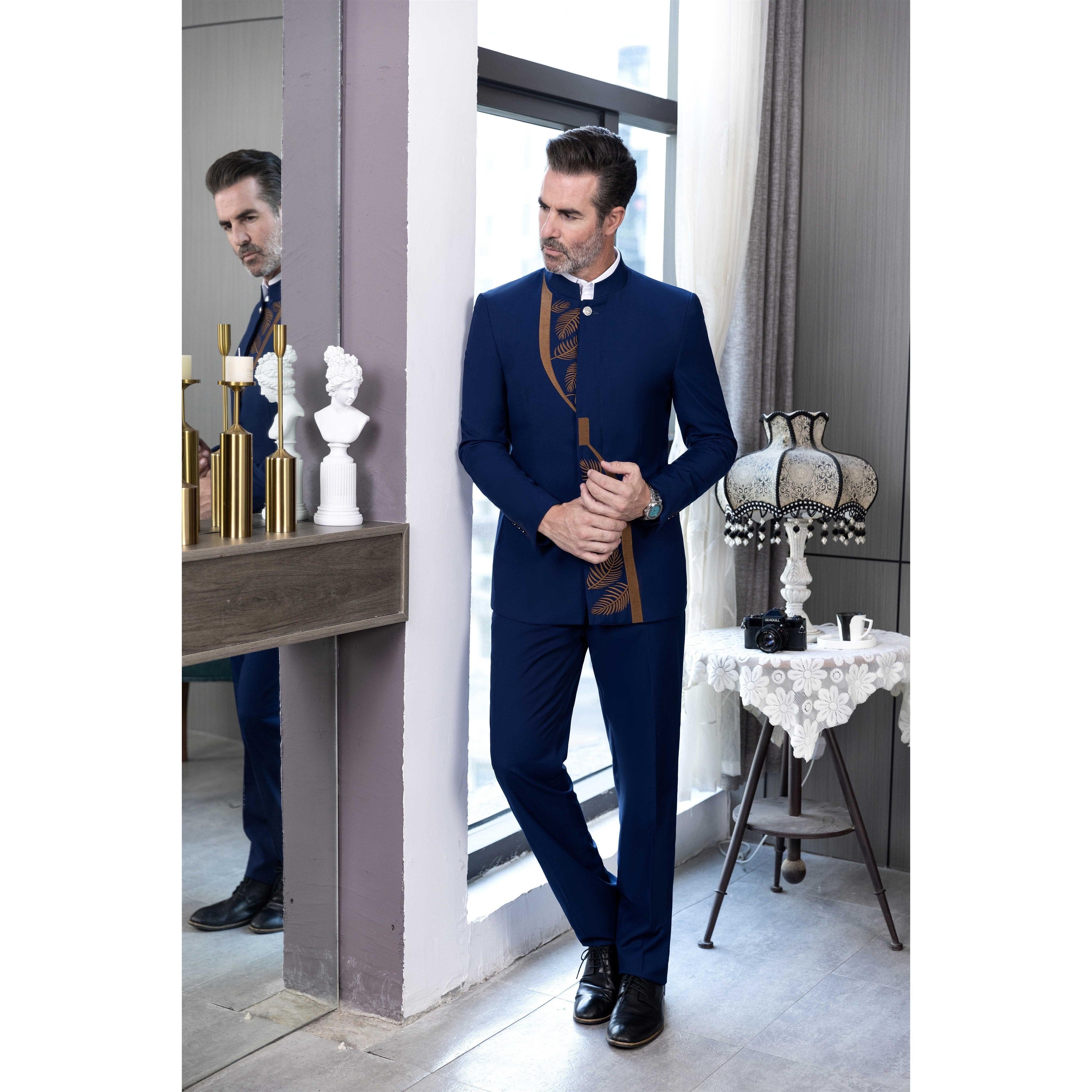 ceehuteey Men's 2 Pieces Suit Fashion Classic Stand Collar Patterned Suit