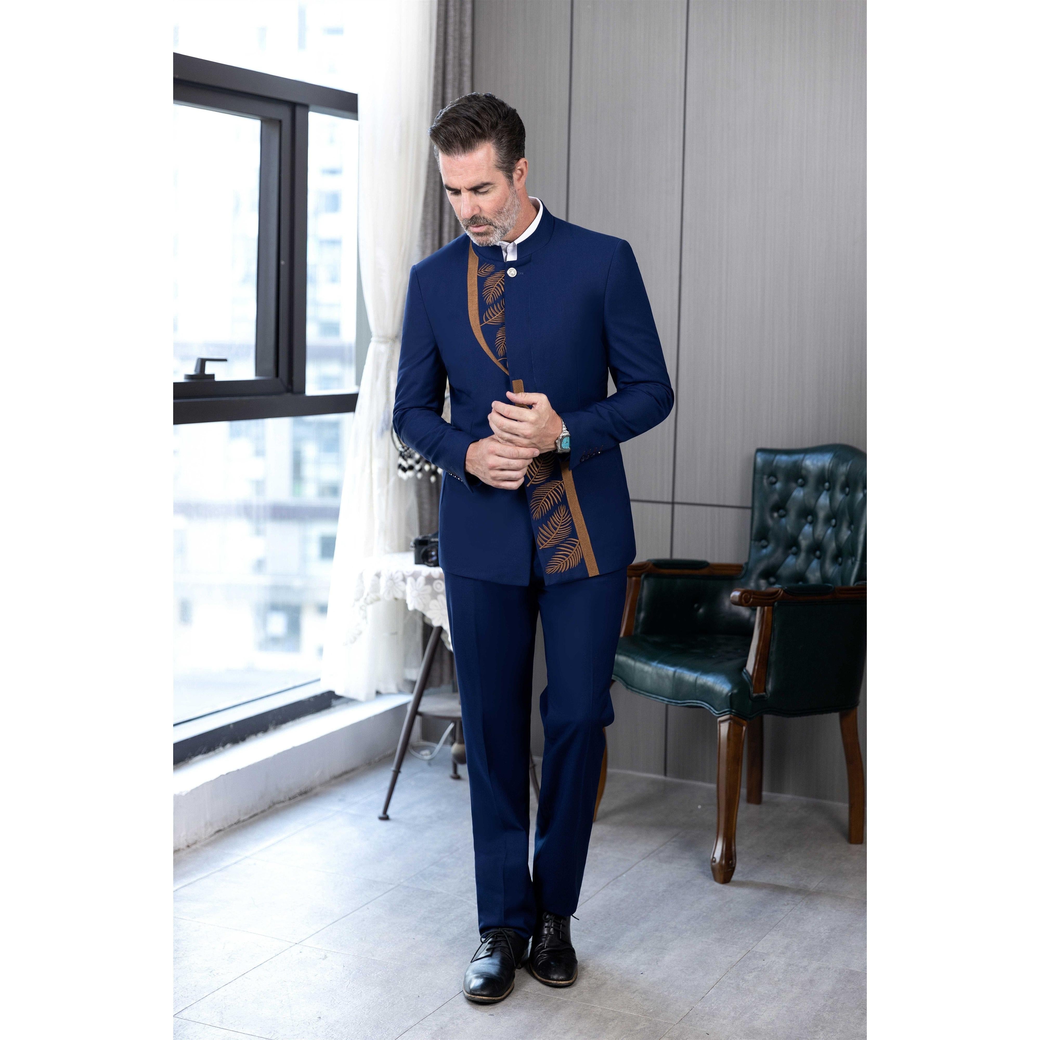 ceehuteey Men's 2 Pieces Suit Fashion Classic Stand Collar Patterned Suit