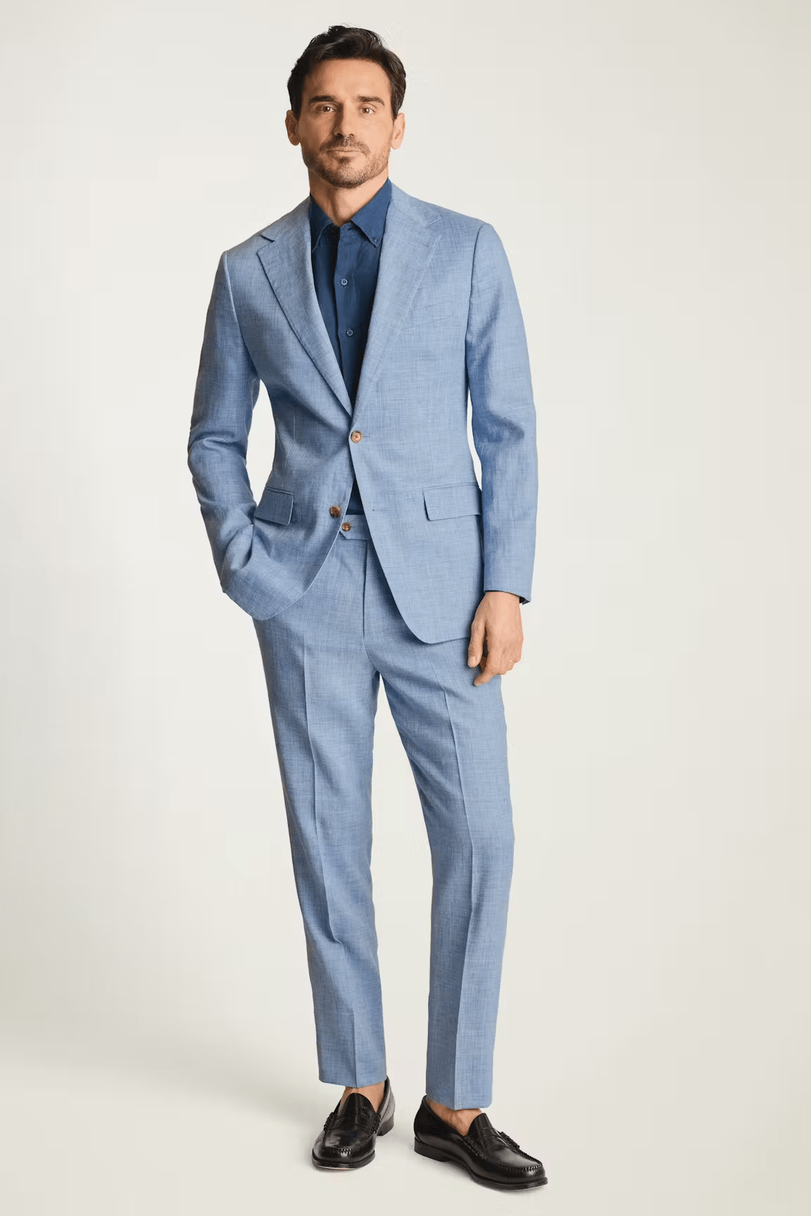 ceehuteey Men's 2 Pieces Summer Linen Cotton Blue Leisure Notch Lapel Suit (Blazer+Pants)