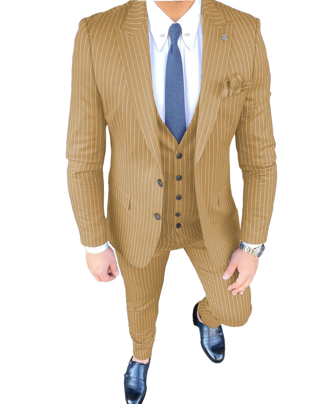 Men's 3 Piece Slim Fit Pinstripe Peak Lapel Tuxedos (Blazer+vest+Pants)