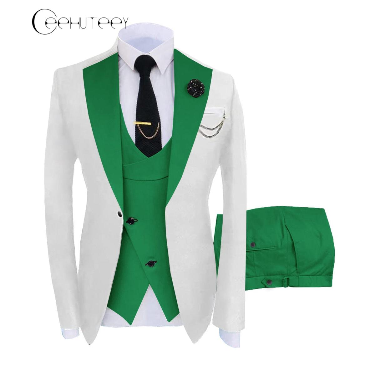 ceehuteey Men's 3 Piece Suits Slim Fit Notch Lapel Western Tuxedos (White Blazer+Vest+ Pant)