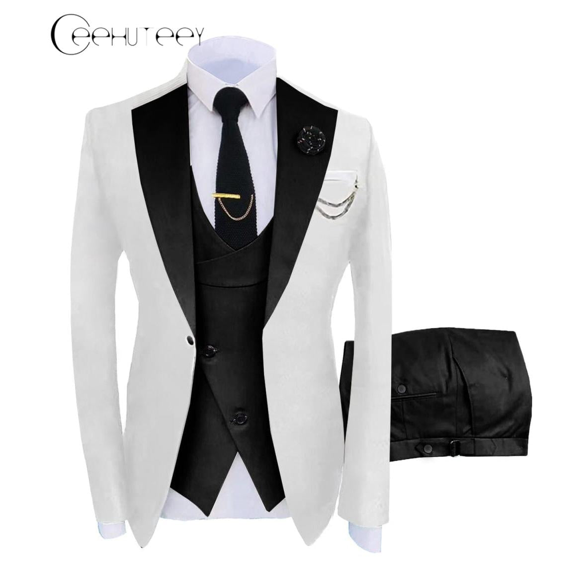 ceehuteey Men's 3 Piece Suits Slim Fit Notch Lapel Western Tuxedos (White Blazer+Vest+ Pant)