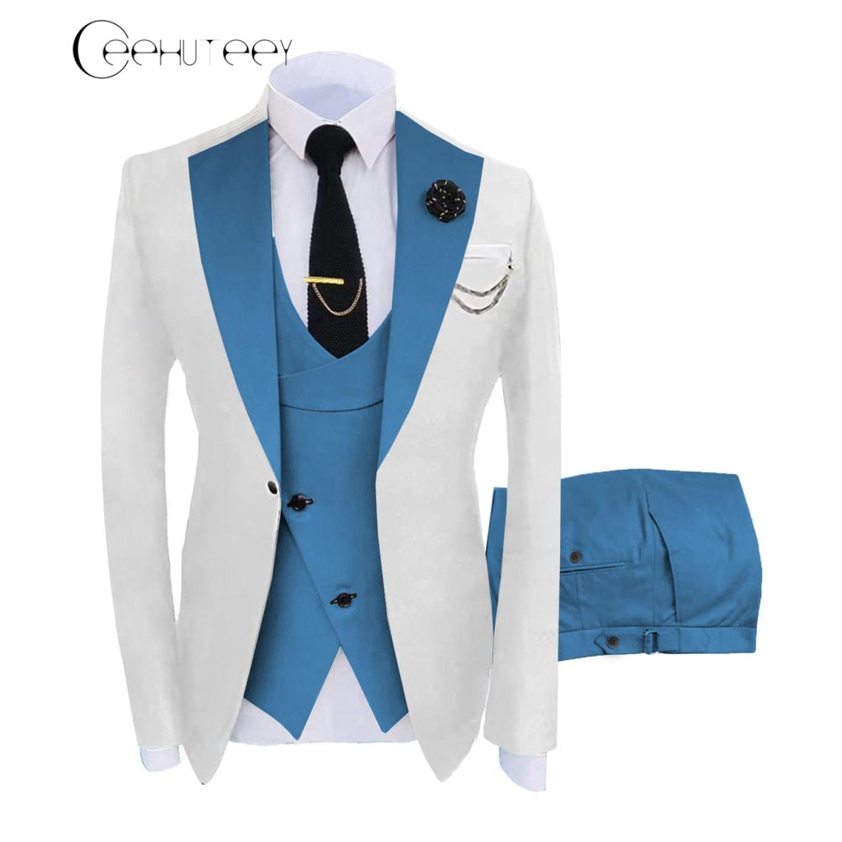 ceehuteey Men's 3 Piece Suits Slim Fit Notch Lapel Western Tuxedos (White Blazer+Vest+ Pant)