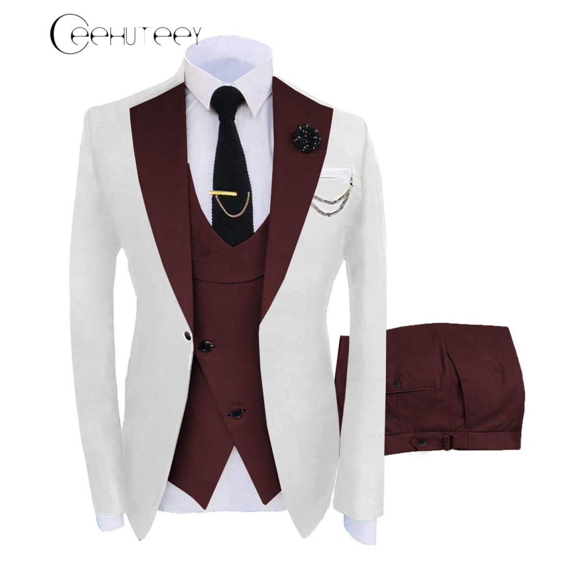 ceehuteey Men's 3 Piece Suits Slim Fit Notch Lapel Western Tuxedos (White Blazer+Vest+ Pant)