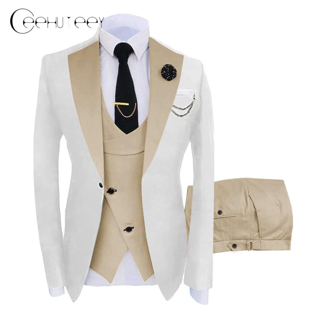ceehuteey Men's 3 Piece Suits Slim Fit Notch Lapel Western Tuxedos (White Blazer+Vest+ Pant)