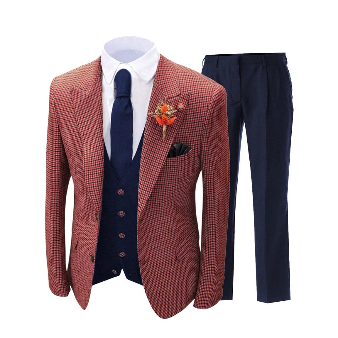 ceehuteey Men's 3 Pieces Checked Houndstooth Peak Lapel Tuxedos (Blazer+vest+Pants)
