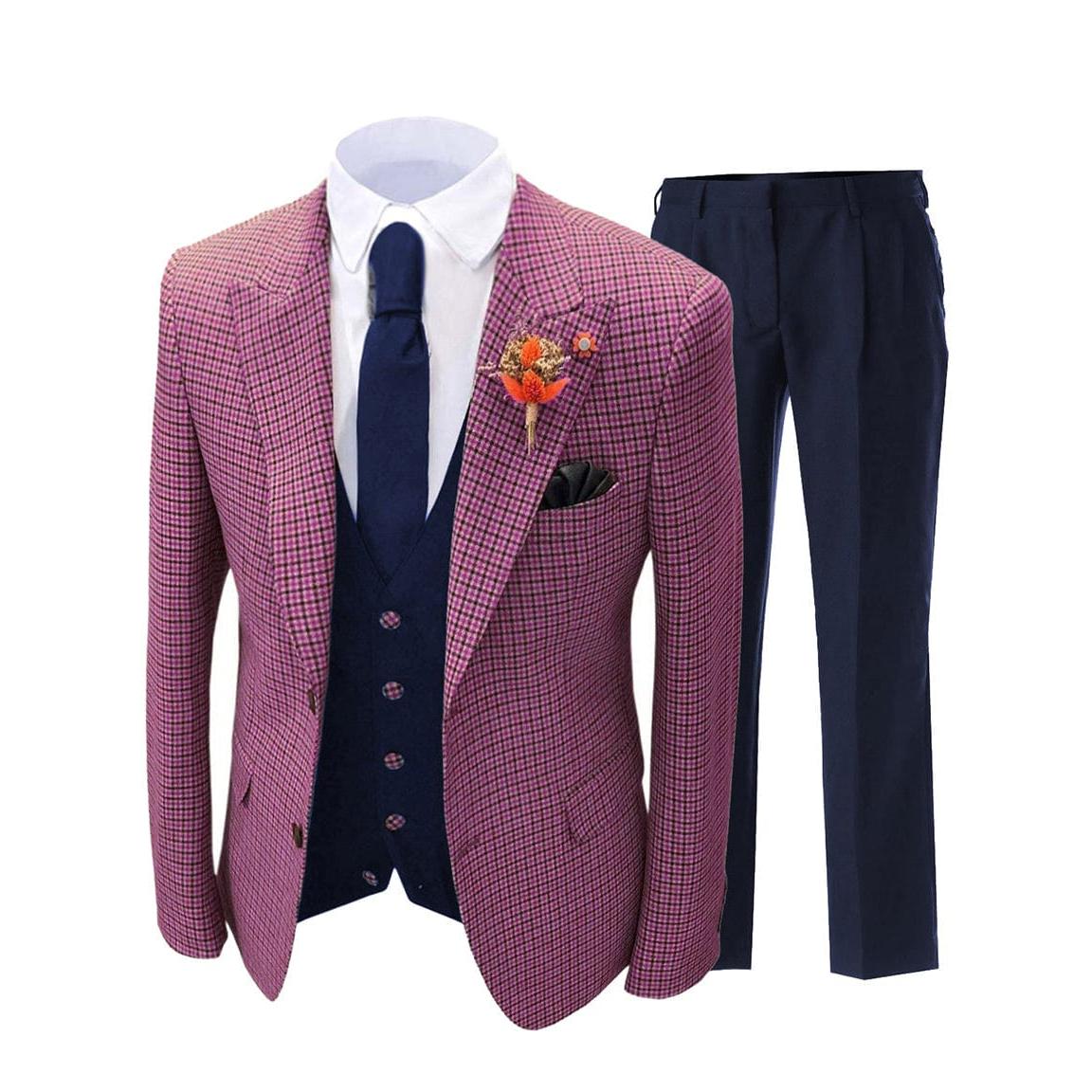 ceehuteey Men's 3 Pieces Checked Houndstooth Peak Lapel Tuxedos (Blazer+vest+Pants)