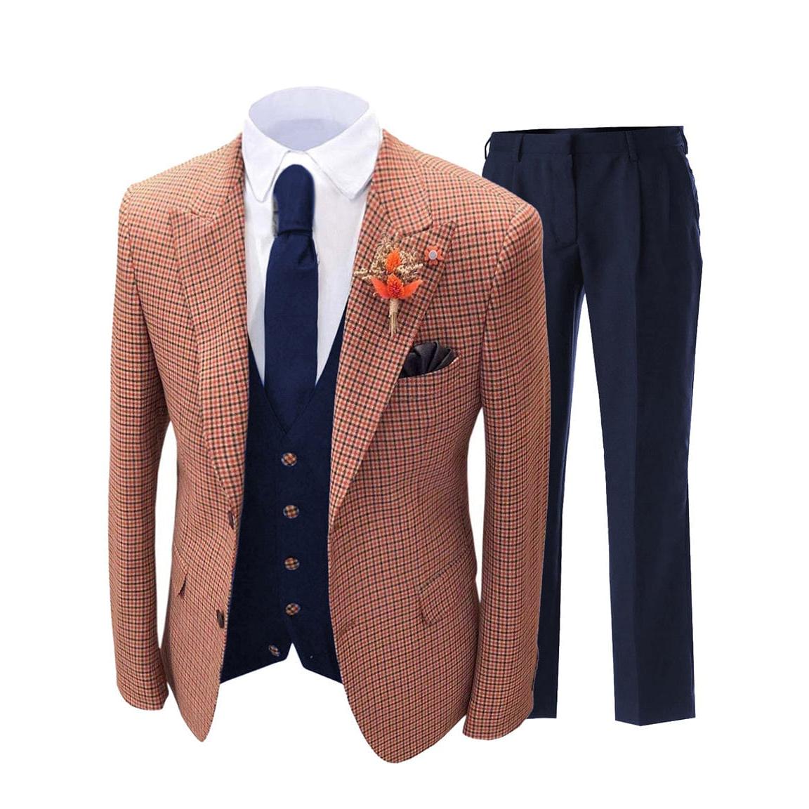 ceehuteey Men's 3 Pieces Checked Houndstooth Peak Lapel Tuxedos (Blazer+vest+Pants)