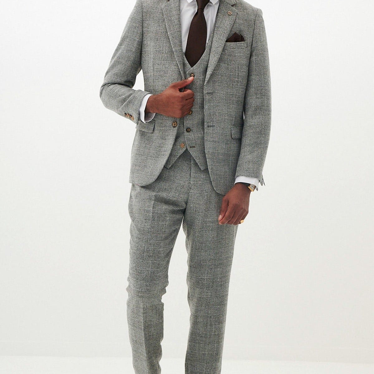 Men's 3 Pieces Herringbone Plaid Fashion Business Notch
